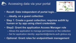 Accessing data via your portal
• Recall: Data independent of portal logic…
• …ideally, on a guest collection
• Step 1: Cre...