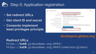 Step 0: Application registration
• Set redirect URLs
• Get client ID and secret
• Consents implement
least privileges prin...