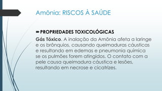 Amônia: RISCOS À SAÚDE 
PROPRIEDADES TOXICOLÓGICAS 
Gás Tóxico. A inalação da Amônia afeta a laringe 
e os brônquios, causando queimaduras cáusticas 
e resultando em edemas e pneumonia química 
se os pulmões forem atingidos. O contato com a 
pele causa queimadura cáustica e lesões, 
resultando em necrose e cicatrizes. 
 
