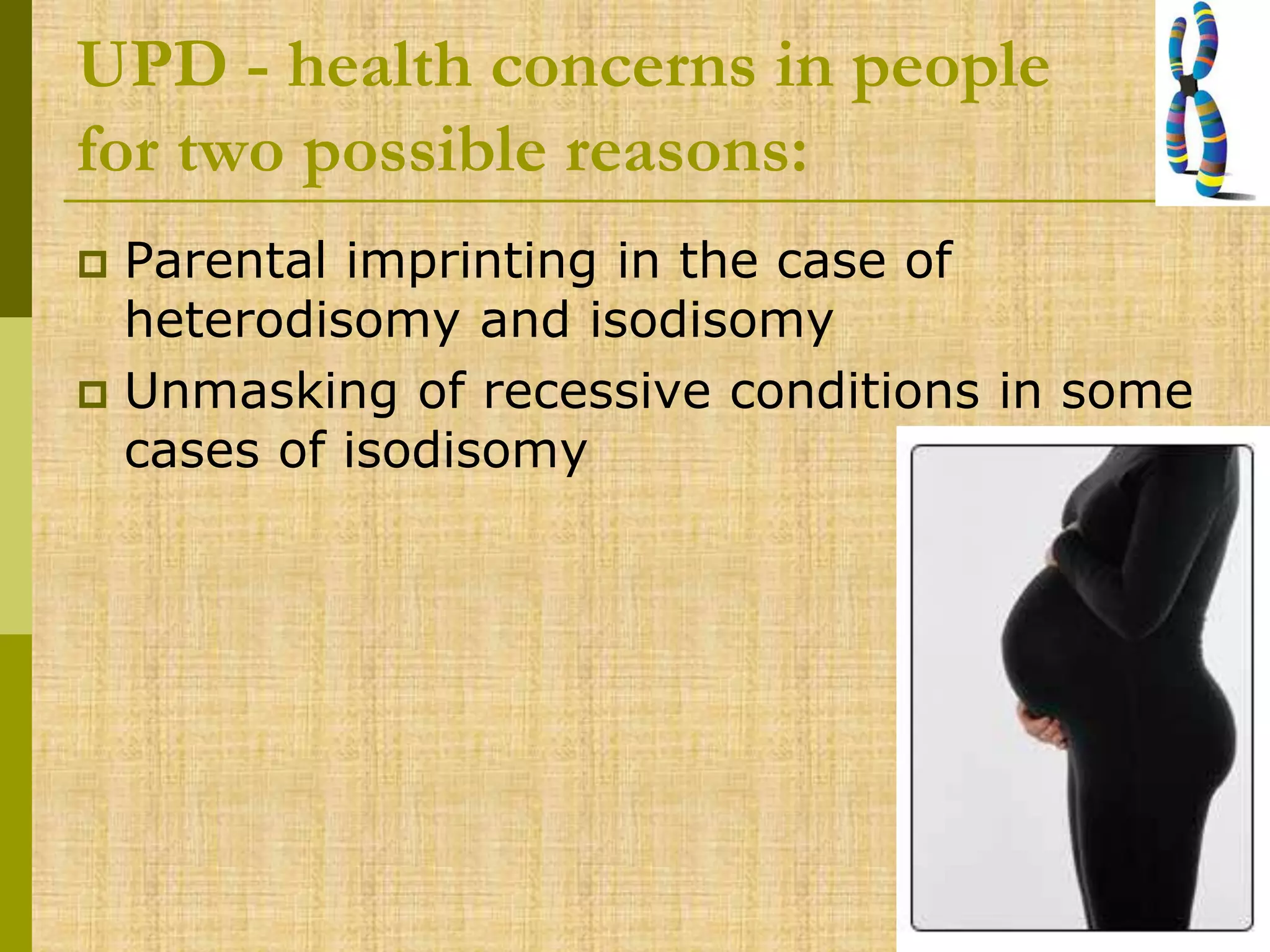 UPD - health concerns in people
for two possible reasons:
 Parental imprinting in the case of
heterodisomy and isodisomy
 Unmasking of recessive conditions in some
cases of isodisomy
 
