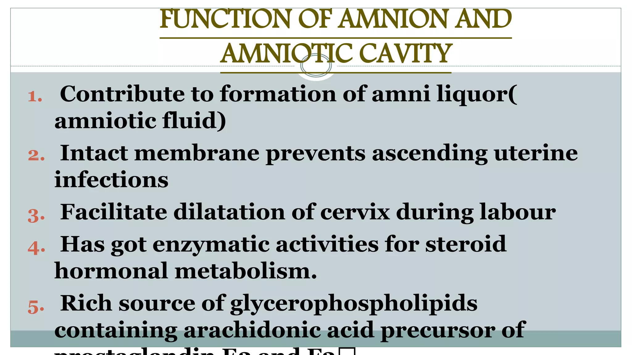 FUNCTION OF AMNION AND
AMNIOTIC CAVITY
1. Contribute to formation of amni liquor(
amniotic fluid)
2. Intact membrane prevents ascending uterine
infections
3. Facilitate dilatation of cervix during labour
4. Has got enzymatic activities for steroid
hormonal metabolism.
5. Rich source of glycerophospholipids
containing arachidonic acid precursor of
 