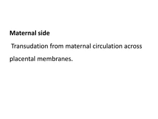 Maternal side
Transudation from maternal circulation across
placental membranes.
 