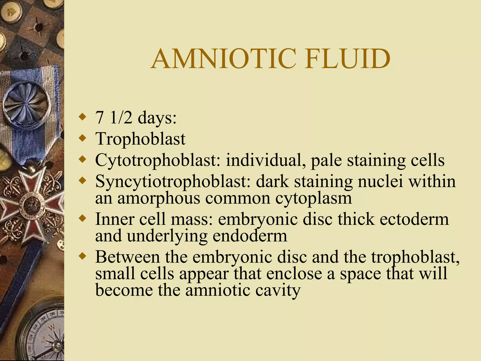 AMNIOTIC FLUID 7 1/2 days:  Trophoblast Cytotrophoblast: individual, pale staining cells Syncytiotrophoblast: dark staining nuclei within an amorphous common cytoplasm Inner cell mass: embryonic disc thick ectoderm and underlying endoderm Between the embryonic disc and the trophoblast, small cells appear that enclose a space that will become the amniotic cavity 