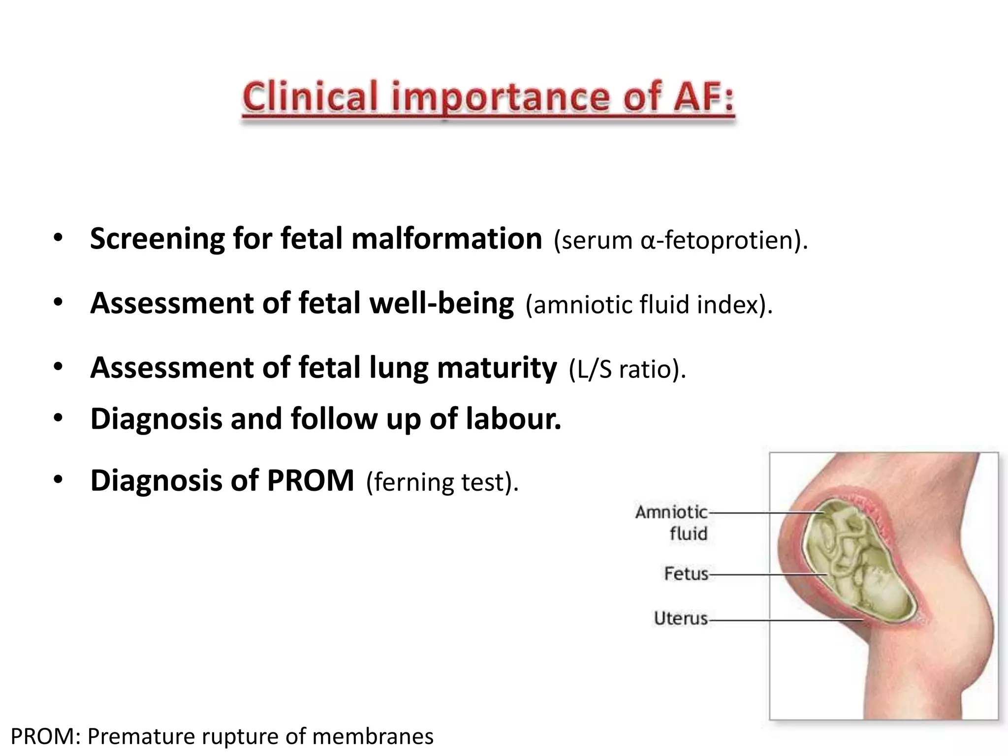 • Screening for fetal malformation (serum α-fetoprotien).
   • Assessment of fetal well-being (amniotic fluid index).
   • Assessment of fetal lung maturity (L/S ratio).
   • Diagnosis and follow up of labour.
   • Diagnosis of PROM (ferning test).




PROM: Premature rupture of membranes
 