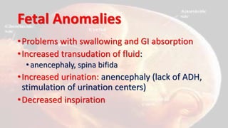 Fetal Anomalies
•Problems with swallowing and GI absorption
•Increased transudation of fluid:
•anencephaly, spina bifida
•Increased urination: anencephaly (lack of ADH,
stimulation of urination centers)
•Decreased inspiration
 