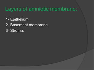 Layers of amniotic membrane:
1- Epithelium.
2- Basement membrane
3- Stroma.
 