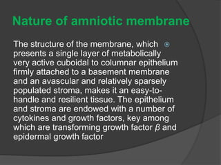 Nature of amniotic membrane
The structure of the membrane, which
presents a single layer of metabolically
very active cuboidal to columnar epithelium
firmly attached to a basement membrane
and an avascular and relatively sparsely
populated stroma, makes it an easy-to-
handle and resilient tissue. The epithelium
and stroma are endowed with a number of
cytokines and growth factors, key among
which are transforming growth factor β and
epidermal growth factor
 