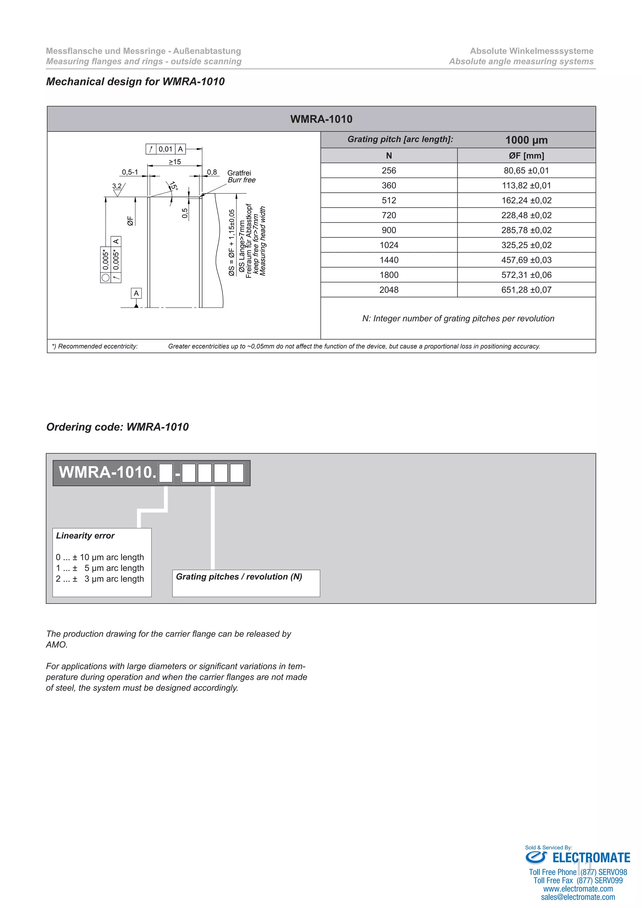 11
Messflansche und Messringe - Außenabtastung
Measuring flanges and rings - outside scanning
Absolute Winkelmesssysteme
Absolute angle measuring systems
Mechanical design for WMRA-1010
WMRA-1010
0,5-1
15°
>15
0,8
0,5
ØS=ØF+1,15±0,05
ØSLänge>7mm
FreiraumfürAbtastkopf
keepfreefor>7mm
Measuringheadwidth
Gratfrei
Burr free
0,005*
0,005*A
0,01 A
A
l
ØF
3,2
Grating pitch [arc length]: 1000 µm
N ØF [mm]
256 80,65 ±0,01
360 113,82 ±0,01
512 162,24 ±0,02
720 228,48 ±0,02
900 285,78 ±0,02
1024 325,25 ±0,02
1440 457,69 ±0,03
1800 572,31 ±0,06
2048 651,28 ±0,07
N: Integer number of grating pitches per revolution
*) Recommended eccentricity: 	 Greater eccentricities up to ~0,05mm do not affect the function of the device, but cause a proportional loss in positioning accuracy.
Grating pitches / revolution (N)
Linearity error
0 ... ± 10 µm arc length
1 ... ± 5 µm arc length
2 ... ± 3 µm arc length
WMRA-1010. -
Ordering code: WMRA-1010
The production drawing for the carrier flange can be released by
AMO.
For applications with large diameters or significant variations in tem-
perature during operation and when the carrier flanges are not made
of steel, the system must be designed accordingly.
ELECTROMATE
Toll Free Phone (877) SERVO98
Toll Free Fax (877) SERV099
www.electromate.com
sales@electromate.com
Sold & Serviced By:
 