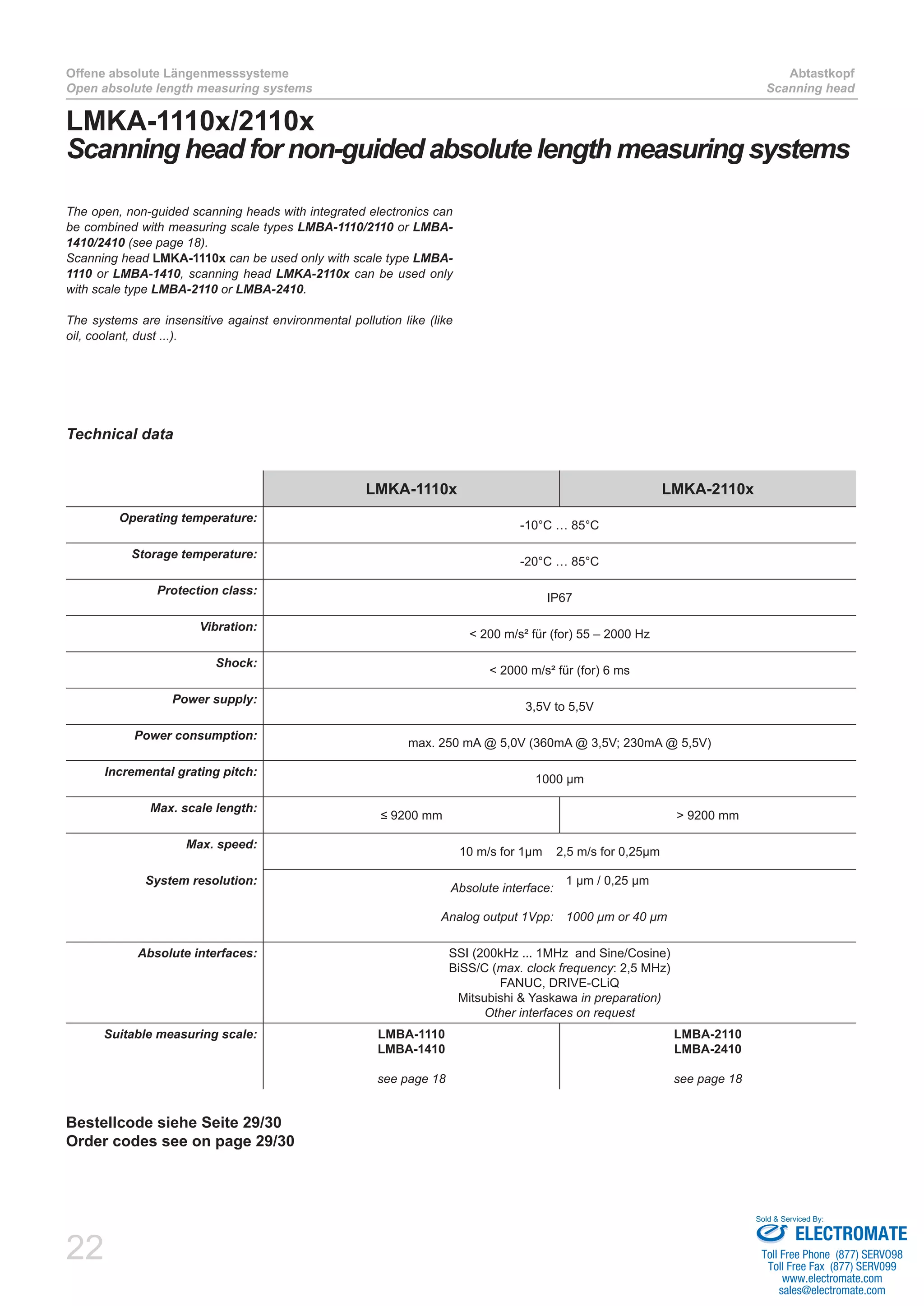 22
Offene absolute Längenmesssysteme
Open absolute length measuring systems
Abtastkopf
Scanning head
Technical data
LMKA-1110x LMKA-2110x
Operating temperature:
-10°C … 85°C
Storage temperature:
-20°C … 85°C
Protection class:
IP67
Vibration:
< 200 m/s² für (for) 55 – 2000 Hz
Shock:
< 2000 m/s² für (for) 6 ms
Power supply:
3,5V to 5,5V
Power consumption:
max. 250 mA @ 5,0V (360mA @ 3,5V; 230mA @ 5,5V)
Incremental grating pitch:
1000 µm
Max. scale length:
≤ 9200 mm > 9200 mm
Max. speed:
10 m/s for 1µm 2,5 m/s for 0,25µm
System resolution:
Absolute interface:
1 µm / 0,25 µm
Analog output 1Vpp: 1000 µm or 40 µm
Absolute interfaces: SSI (200kHz ... 1MHz and Sine/Cosine)
BiSS/C (max. clock frequency: 2,5 MHz)
FANUC, DRIVE-CLiQ
Mitsubishi & Yaskawa in preparation)
Other interfaces on request
Suitable measuring scale: LMBA-1110
LMBA-1410
see page 18
LMBA-2110
LMBA-2410
see page 18
Bestellcode siehe Seite 29/30
Order codes see on page 29/30
LMKA-1110x/2110x
Scanning head for non-guided absolute length measuring systems
The open, non-guided scanning heads with integrated electronics can
be combined with measuring scale types LMBA-1110/2110 or LMBA-
1410/2410 (see page 18).
Scanning head LMKA-1110x can be used only with scale type LMBA-
1110 or LMBA-1410, scanning head LMKA-2110x can be used only
with scale type LMBA-2110 or LMBA-2410.
The systems are insensitive against environmental pollution like (like
oil, coolant, dust ...).
ELECTROMATE
Toll Free Phone (877) SERVO98
Toll Free Fax (877) SERV099
www.electromate.com
sales@electromate.com
Sold & Serviced By:
 