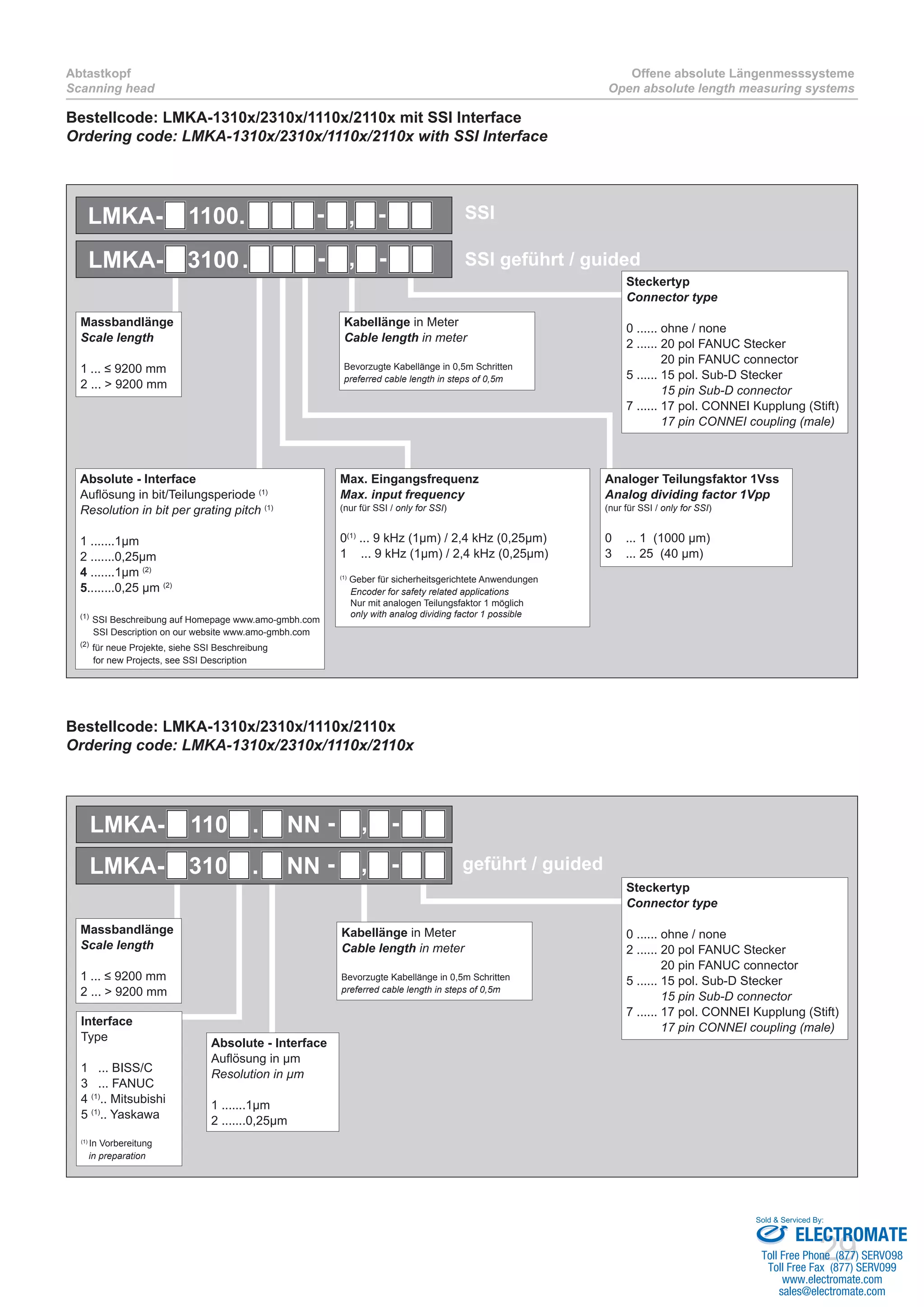 29
Abtastkopf
Scanning head
Offene absolute Längenmesssysteme
Open absolute length measuring systems
Kabellänge in Meter
Cable length in meter
Bevorzugte Kabellänge in 0,5m Schritten
preferred cable length in steps of 0,5m
Massbandlänge
Scale length
1 ... ≤ 9200 mm
2 ... > 9200 mm
Absolute - Interface
Auflösung in bit/Teilungsperiode (1)
Resolution in bit per grating pitch (1)
1 .......1µm
2 .......0,25µm
4 .......1µm (2)
5........0,25 µm (2)
(1)
SSI Beschreibung auf Homepage www.amo-gmbh.com
SSI Description on our website www.amo-gmbh.com
(2)
für neue Projekte, siehe SSI Beschreibung
for new Projects, see SSI Description
Steckertyp
Connector type
0 ...... ohne / none
2 ...... 20 pol FANUC Stecker
20 pin FANUC connector
5 ...... 15 pol. Sub-D Stecker
15 pin Sub-D connector
7 ...... 17 pol. CONNEI Kupplung (Stift)
17 pin CONNEI coupling (male)
LMKA- 3100 -. , -
Max. Eingangsfrequenz
Max. input frequency
(nur für SSI / only for SSI)
0(1)
... 9 kHz (1µm) / 2,4 kHz (0,25µm)
1 ... 9 kHz (1µm) / 2,4 kHz (0,25µm)
(1)
Geber für sicherheitsgerichtete Anwendungen
Encoder for safety related applications
Nur mit analogen Teilungsfaktor 1 möglich
only with analog dividing factor 1 possible
Analoger Teilungsfaktor 1Vss
Analog dividing factor 1Vpp
(nur für SSI / only for SSI)
0 ... 1 (1000 µm)
3 ... 25 (40 µm)
Bestellcode: LMKA-1310x/2310x/1110x/2110x mit SSI Interface
Ordering code: LMKA-1310x/2310x/1110x/2110x with SSI Interface
SSI geführt / guided
SSI
Bestellcode: LMKA-1310x/2310x/1110x/2110x
Ordering code: LMKA-1310x/2310x/1110x/2110x
Kabellänge in Meter
Cable length in meter
Bevorzugte Kabellänge in 0,5m Schritten
preferred cable length in steps of 0,5m
Massbandlänge
Scale length
1 ... ≤ 9200 mm
2 ... > 9200 mm
Absolute - Interface
Auflösung in µm
Resolution in µm
1 .......1µm
2 .......0,25µm
Steckertyp
Connector type
0 ...... ohne / none
2 ...... 20 pol FANUC Stecker
20 pin FANUC connector
5 ...... 15 pol. Sub-D Stecker
15 pin Sub-D connector
7 ...... 17 pol. CONNEI Kupplung (Stift)
17 pin CONNEI coupling (male)
Interface
Type
1 ... BISS/C
3 ... FANUC
4 (1)
.. Mitsubishi
5 (1)
.. Yaskawa
(1)
In Vorbereitung
in preparation
LMKA- 310 -. , -NN
LMKA- 110 -. , -NN
LMKA- 1100 -. -,
geführt / guided
ELECTROMATE
Toll Free Phone (877) SERVO98
Toll Free Fax (877) SERV099
www.electromate.com
sales@electromate.com
Sold & Serviced By:
 