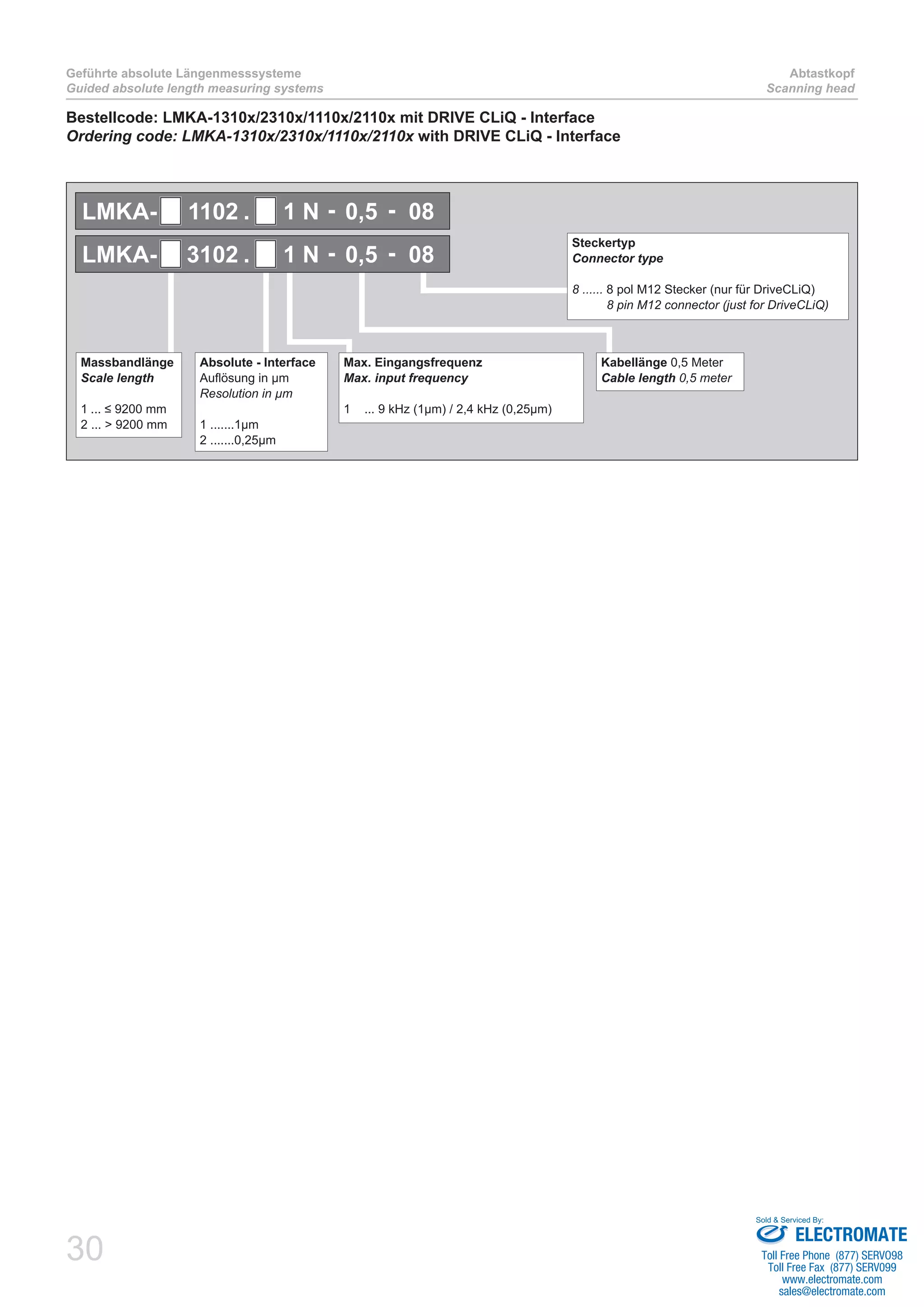 30
Geführte absolute Längenmesssysteme
Guided absolute length measuring systems
Abtastkopf
Scanning head
Bestellcode: LMKA-1310x/2310x/1110x/2110x mit DRIVE CLiQ - Interface
Ordering code: LMKA-1310x/2310x/1110x/2110x with DRIVE CLiQ - Interface
Massbandlänge
Scale length
1 ... ≤ 9200 mm
2 ... > 9200 mm
Absolute - Interface
Auflösung in µm
Resolution in µm
1 .......1µm
2 .......0,25µm
Max. Eingangsfrequenz
Max. input frequency
1 ... 9 kHz (1µm) / 2,4 kHz (0,25µm)
Steckertyp
Connector type
8 ...... 8 pol M12 Stecker (nur für DriveCLiQ)
8 pin M12 connector (just for DriveCLiQ)
LMKA- 3102 -. -1 N 0,5 08
Kabellänge 0,5 Meter
Cable length 0,5 meter
LMKA- 1102 -. -1 N 0,5 08
ELECTROMATE
Toll Free Phone (877) SERVO98
Toll Free Fax (877) SERV099
www.electromate.com
sales@electromate.com
Sold & Serviced By:
 