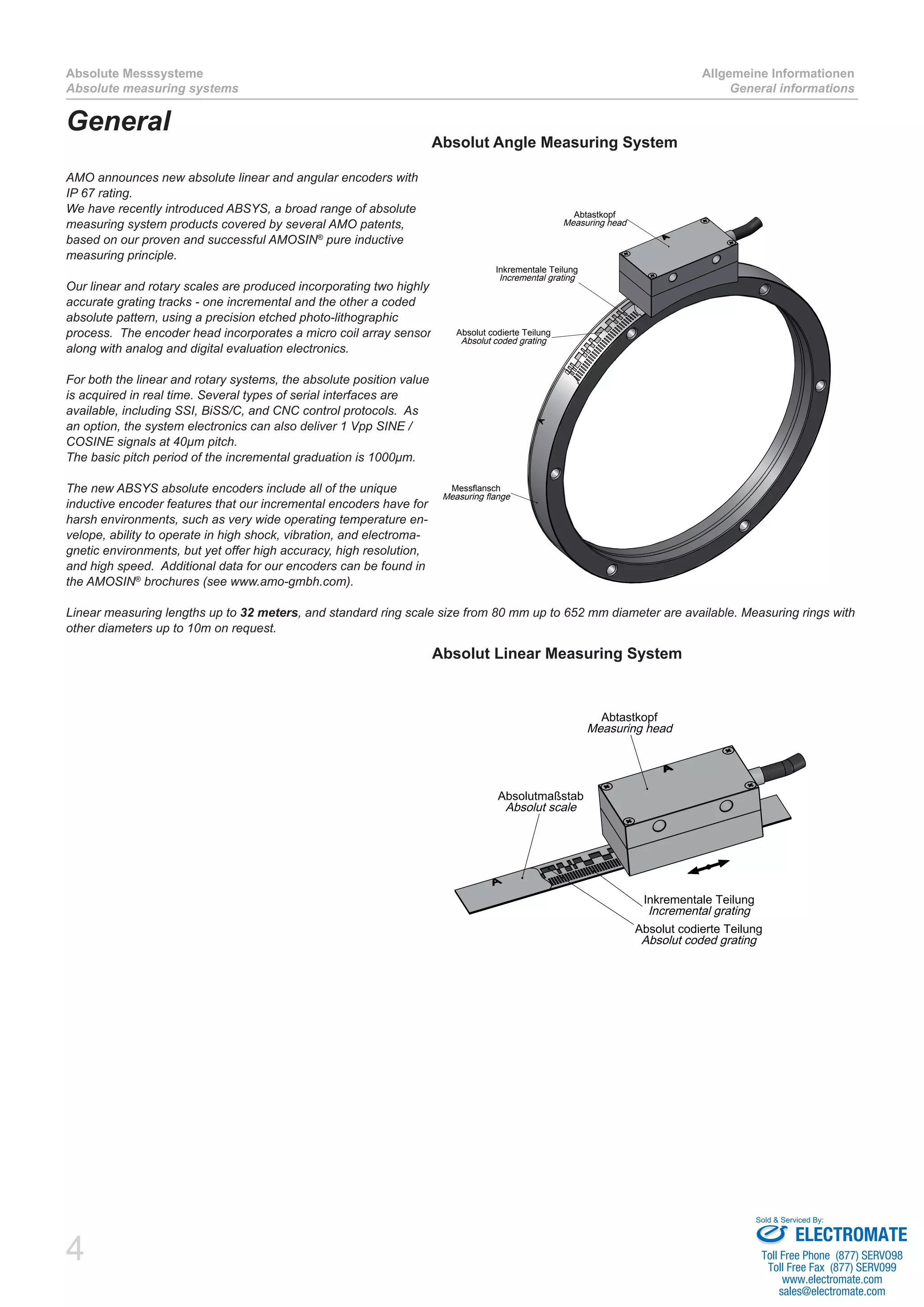 4
Absolute Messsysteme
Absolute measuring systems
Allgemeine Informationen
General informations
General
AMO announces new absolute linear and angular encoders with
IP 67 rating.
We have recently introduced ABSYS, a broad range of absolute
measuring system products covered by several AMO patents,
based on our proven and successful AMOSIN®
pure inductive
measuring principle.
Our linear and rotary scales are produced incorporating two highly
accurate grating tracks - one incremental and the other a coded
absolute pattern, using a precision etched photo-lithographic
process. The encoder head incorporates a micro coil array sensor
along with analog and digital evaluation electronics.
For both the linear and rotary systems, the absolute position value
is acquired in real time. Several types of serial interfaces are
available, including SSI, BiSS/C, and CNC control protocols. As
an option, the system electronics can also deliver 1 Vpp SINE /
COSINE signals at 40µm pitch.
The basic pitch period of the incremental graduation is 1000μm.
The new ABSYS absolute encoders include all of the unique
inductive encoder features that our incremental encoders have for
harsh environments, such as very wide operating temperature en-
velope, ability to operate in high shock, vibration, and electroma-
gnetic environments, but yet offer high accuracy, high resolution,
and high speed. Additional data for our encoders can be found in
the AMOSIN®
brochures (see www.amo-gmbh.com).
Linear measuring lengths up to 32 meters, and standard ring scale size from 80 mm up to 652 mm diameter are available. Measuring rings with
other diameters up to 10m on request.
Abtastkopf
Measuring head
Inkrementale Teilung
Incremental grating
Absolut codierte Teilung
Absolut coded grating
Messflansch
Measuring flange
Absolut codierte Teilung
Absolut coded grating
Inkrementale Teilung
Incremental grating
Abtastkopf
Measuring head
Absolutmaßstab
Absolut scale
Absolut Angle Measuring System
Absolut Linear Measuring System
ELECTROMATE
Toll Free Phone (877) SERVO98
Toll Free Fax (877) SERV099
www.electromate.com
sales@electromate.com
Sold & Serviced By:
 