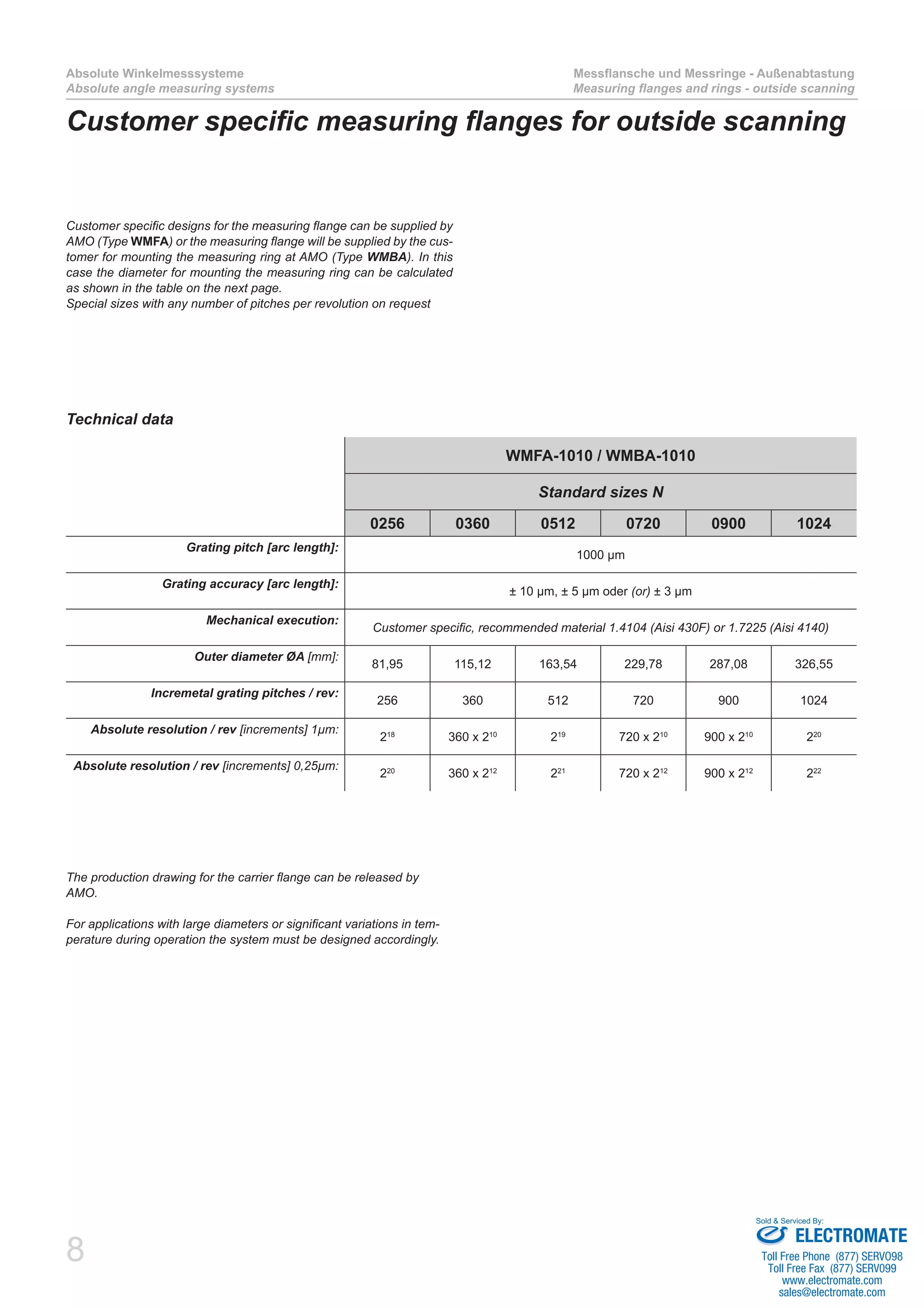 8
Absolute Winkelmesssysteme
Absolute angle measuring systems
Messflansche und Messringe - Außenabtastung
Measuring flanges and rings - outside scanning
Customer specific designs for the measuring flange can be supplied by
AMO (Type WMFA) or the measuring flange will be supplied by the cus-
tomer for mounting the measuring ring at AMO (Type WMBA). In this
case the diameter for mounting the measuring ring can be calculated
as shown in the table on the next page.
Special sizes with any number of pitches per revolution on request
Customer specific measuring flanges for outside scanning
The production drawing for the carrier flange can be released by
AMO.
For applications with large diameters or significant variations in tem-
perature during operation the system must be designed accordingly.
WMFA-1010 / WMBA-1010
Standard sizes N
0256 0360 0512 0720 0900 1024
Grating pitch [arc length]:
1000 µm
Grating accuracy [arc length]:
± 10 µm, ± 5 µm oder (or) ± 3 µm
Mechanical execution:
Customer specific, recommended material 1.4104 (Aisi 430F) or 1.7225 (Aisi 4140)
Outer diameter ØA [mm]:
81,95 115,12 163,54 229,78 287,08 326,55
Incremetal grating pitches / rev:
256 360 512 720 900 1024
Absolute resolution / rev [increments] 1µm:
218
360 x 210
219
720 x 210
900 x 210
220
Absolute resolution / rev [increments] 0,25µm:
220
360 x 212
221
720 x 212
900 x 212
222
Technical data
ELECTROMATE
Toll Free Phone (877) SERVO98
Toll Free Fax (877) SERV099
www.electromate.com
sales@electromate.com
Sold & Serviced By:
 