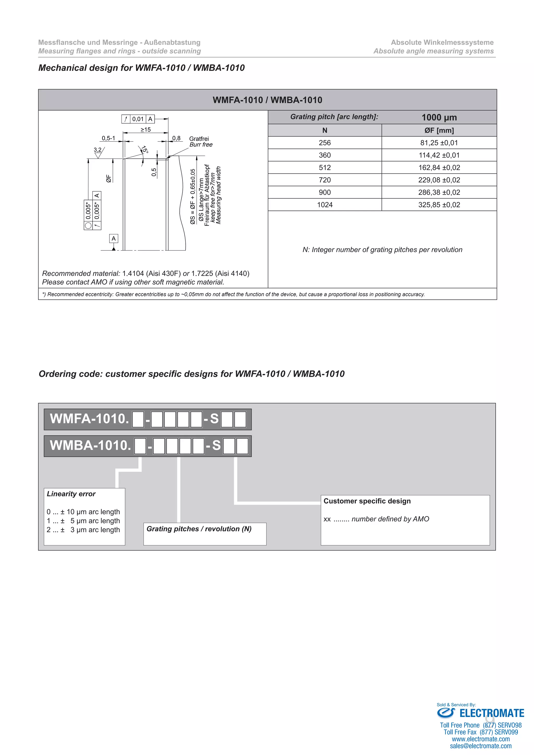 9
Messflansche und Messringe - Außenabtastung
Measuring flanges and rings - outside scanning
Absolute Winkelmesssysteme
Absolute angle measuring systems
Mechanical design for WMFA-1010 / WMBA-1010
WMFA-1010 / WMBA-1010
0,5-1 15°
>15
0,8
0,5
ØS=ØF+0,65±0,05
ØSLänge>7mm
FreiraumfürAbtastkopf
keepfreefor>7mm
Measuringheadwidth
Gratfrei
Burr free
0,005*
0,005*A
0,01 A
A
l
ØF
3,2
Recommended material: 1.4104 (Aisi 430F) or 1.7225 (Aisi 4140)
Please contact AMO if using other soft magnetic material.
Grating pitch [arc length]: 1000 µm
N ØF [mm]
256 81,25 ±0,01
360 114,42 ±0,01
512 162,84 ±0,02
720 229,08 ±0,02
900 286,38 ±0,02
1024 325,85 ±0,02
N: Integer number of grating pitches per revolution
*) Recommended eccentricity: Greater eccentricities up to ~0,05mm do not affect the function of the device, but cause a proportional loss in positioning accuracy.
Ordering code: customer specific designs for WMFA-1010 / WMBA-1010
Customer specific design
xx ......... number defined by AMO
Grating pitches / revolution (N)
Linearity error
0 ... ± 10 µm arc length
1 ... ± 5 µm arc length
2 ... ± 3 µm arc length
WMFA-1010. S- -
WMBA-1010. S- -
ELECTROMATE
Toll Free Phone (877) SERVO98
Toll Free Fax (877) SERV099
www.electromate.com
sales@electromate.com
Sold & Serviced By:
 