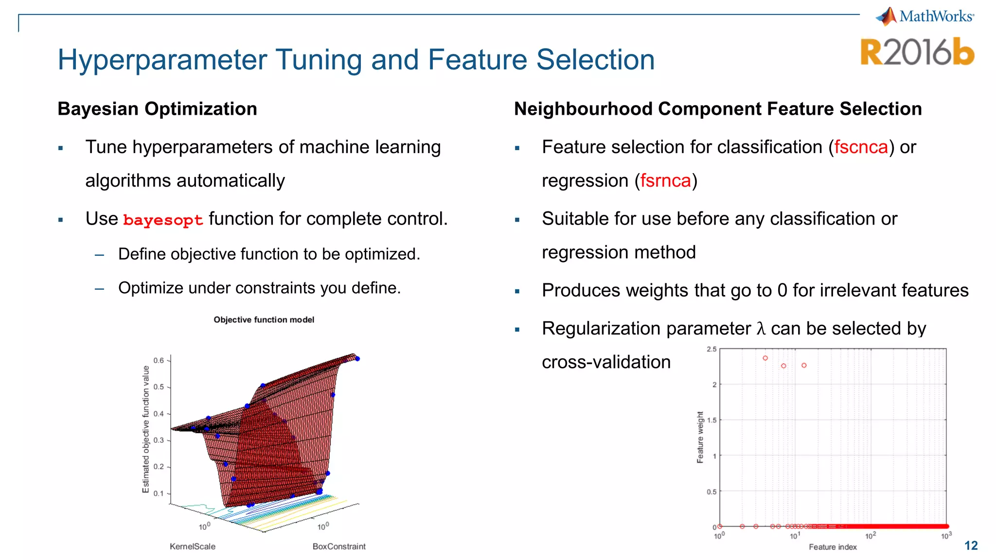 12
Hyperparameter Tuning and Feature Selection
Bayesian Optimization
▪ Tune hyperparameters of machine learning
algorithms automatically
▪ Use bayesopt function for complete control.
– Define objective function to be optimized.
– Optimize under constraints you define.
Neighbourhood Component Feature Selection
▪ Feature selection for classification (fscnca) or
regression (fsrnca)
▪ Suitable for use before any classification or
regression method
▪ Produces weights that go to 0 for irrelevant features
▪ Regularization parameter λ can be selected by
cross-validation
 