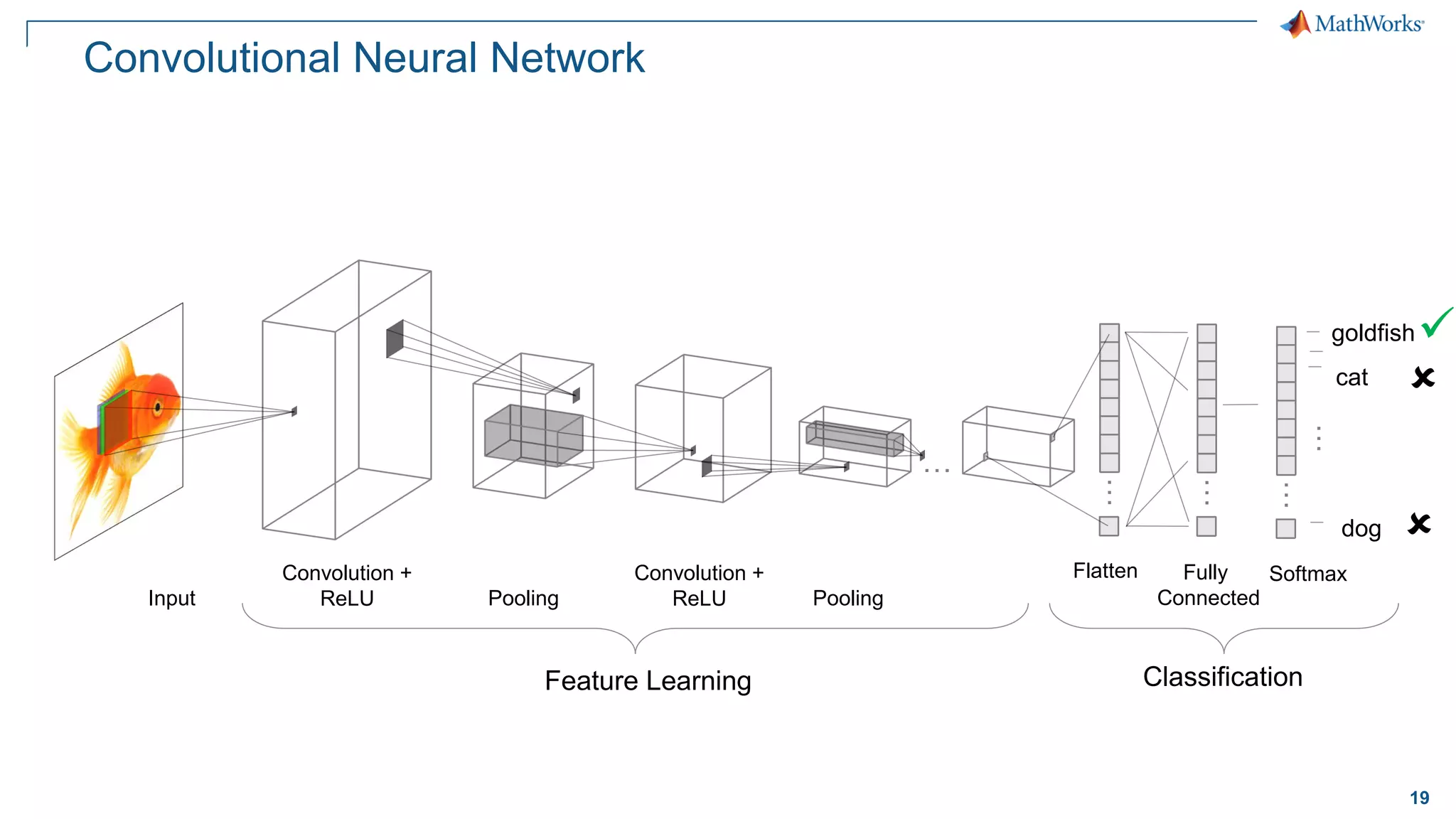 19
Convolutional Neural Network
Convolution +
ReLU PoolingInput
Convolution +
ReLU Pooling
…
…
Flatten Fully
Connected
Softmax
dog
…
cat
…
…
Feature Learning Classification
goldfish✓


 