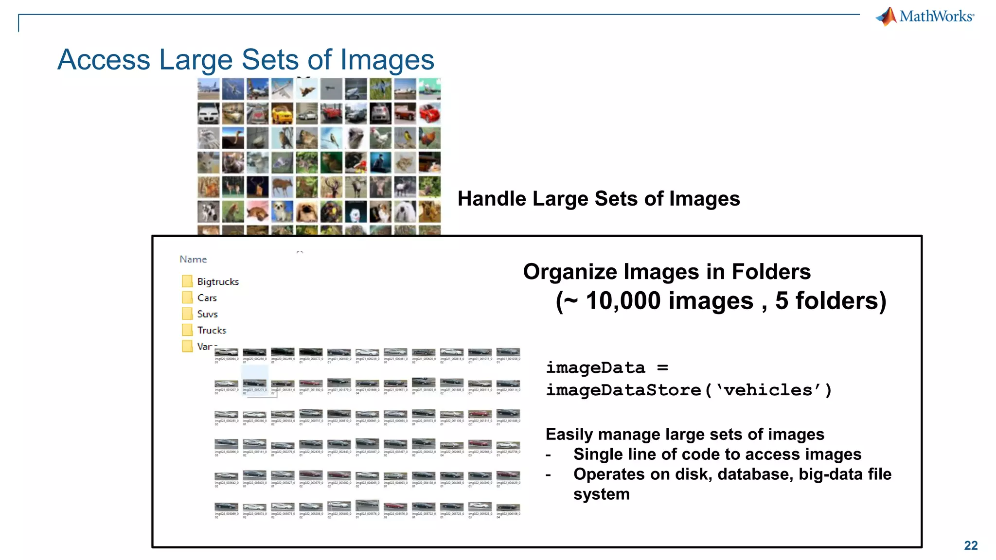 22
Access Large Sets of Images
Handle Large Sets of Images
Easily manage large sets of images
- Single line of code to access images
- Operates on disk, database, big-data file system
imageData =
imageDataStore(‘vehicles’)
Easily manage large sets of images
- Single line of code to access images
- Operates on disk, database, big-data file
system
Organize Images in Folders
(~ 10,000 images , 5 folders)
 