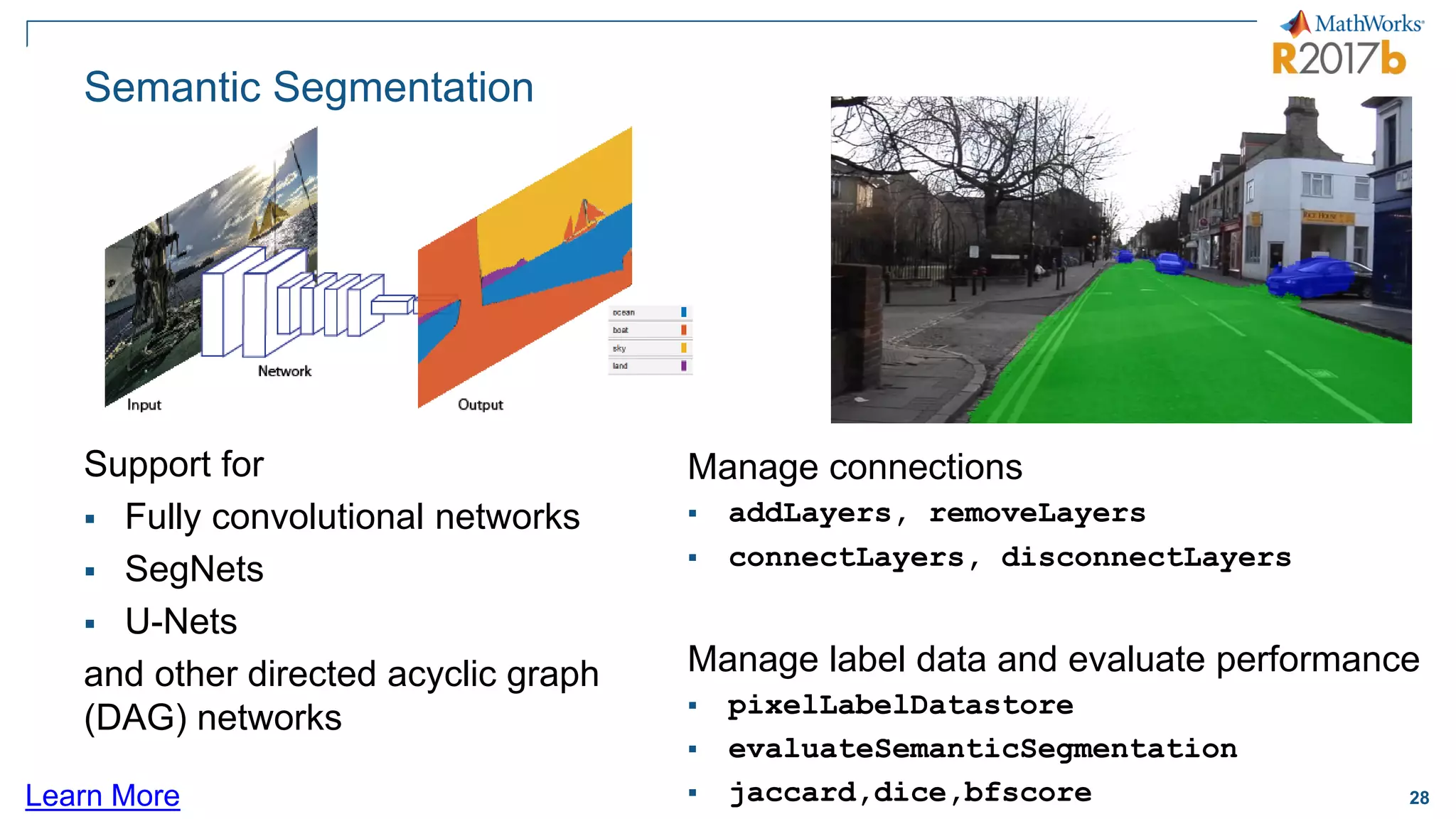 28
Semantic Segmentation
Support for
▪ Fully convolutional networks
▪ SegNets
▪ U-Nets
and other directed acyclic graph
(DAG) networks
Learn More
Manage connections
▪ addLayers, removeLayers
▪ connectLayers, disconnectLayers
Manage label data and evaluate performance
▪ pixelLabelDatastore
▪ evaluateSemanticSegmentation
▪ jaccard,dice,bfscore
 