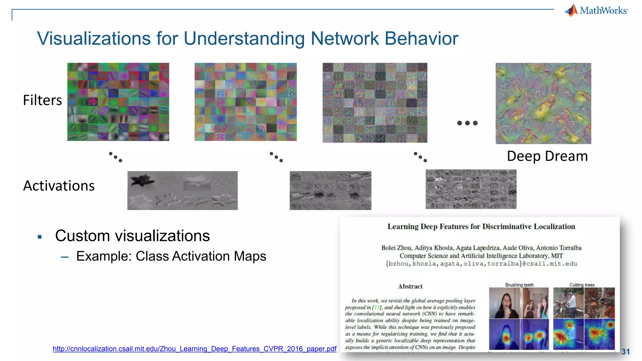 31
Visualizations for Understanding Network Behavior
▪ Custom visualizations
– Example: Class Activation Maps
Filters
…
Activations
Deep Dream
http://cnnlocalization.csail.mit.edu/Zhou_Learning_Deep_Features_CVPR_2016_paper.pdf
 