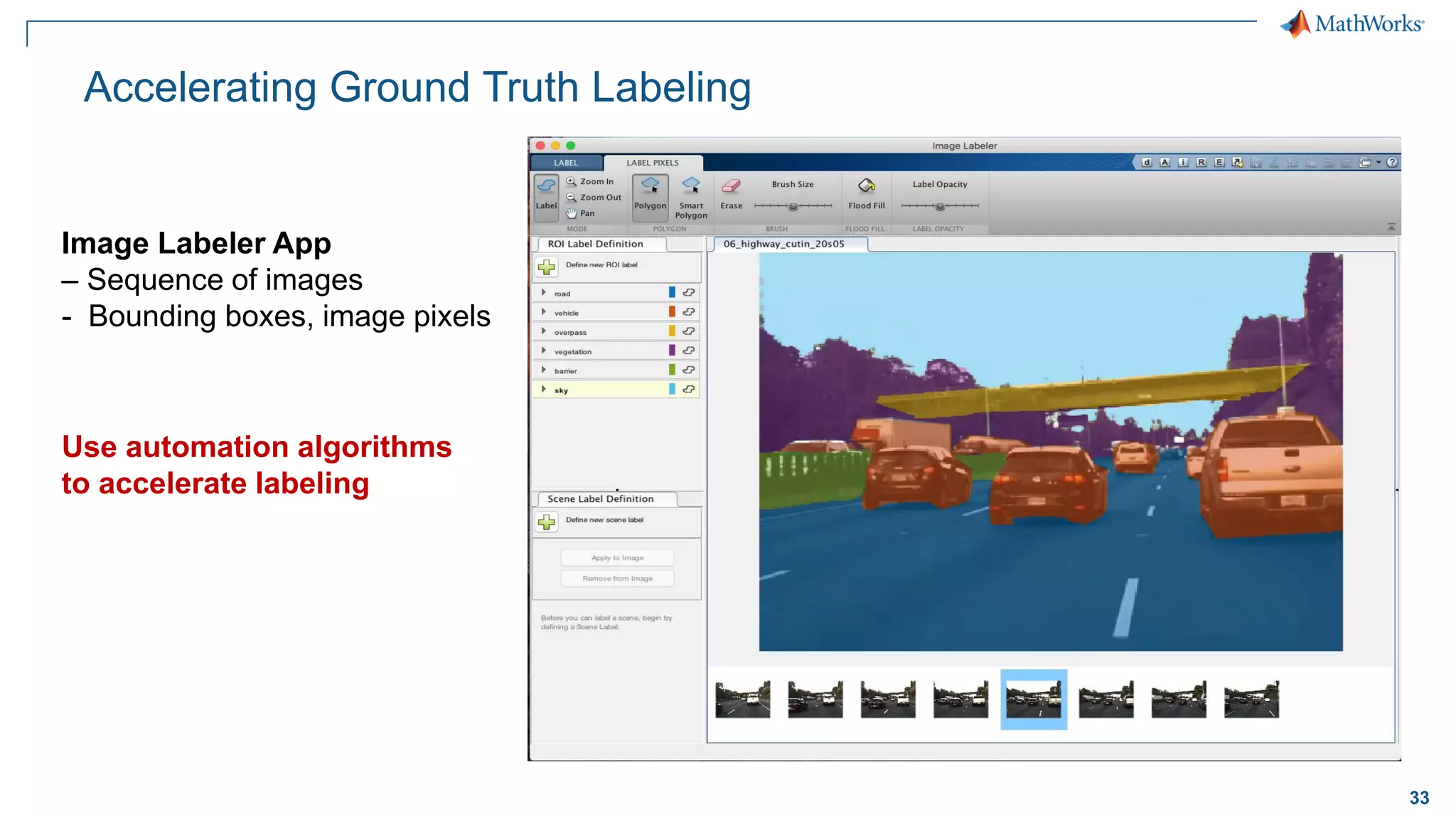 33
Accelerating Ground Truth Labeling
Image Labeler App
– Sequence of images
- Bounding boxes, image pixels
Use automation algorithms
to accelerate labeling
 