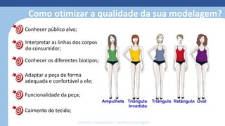 Como otimizar a qualidade da sua modelagem?
Conhecer público alvo;
Interpretar as linhas dos corpos
do consumidor;
Conhecer os diferentes biotipos;
Adaptar a peça de forma
adequada e confortável a ele;
Funcionalidade da peça;
Caimento do tecido;
Docente responsável: Carolina Domingues
 