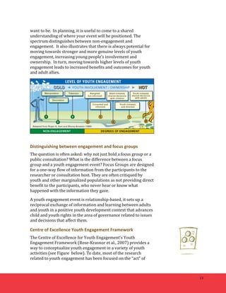 13 
want 
to 
be. 
In 
planning, 
it 
is 
useful 
to 
come 
to 
a 
shared 
understanding 
of 
where 
your 
event 
will 
be 
positioned. 
The 
spectrum 
distinguishes 
between 
non-­‐engagement 
and 
engagement. 
It 
also 
illustrates 
that 
there 
is 
always 
potential 
for 
moving 
towards 
stronger 
and 
more 
genuine 
levels 
of 
youth 
engagement, 
increasing 
young 
people’s 
involvement 
and 
ownership. 
In 
turn, 
moving 
towards 
higher 
levels 
of 
youth 
engagement 
leads 
to 
increased 
benefits 
and 
outcomes 
for 
youth 
and 
adult 
allies. 
Distinguishing 
between 
engagement 
and 
focus 
groups 
The 
question 
is 
often 
asked: 
why 
not 
just 
hold 
a 
focus 
group 
or 
a 
public 
consultation? 
What 
is 
the 
difference 
between 
a 
focus 
group 
and 
a 
youth 
engagement 
event? 
Focus 
Groups 
are 
designed 
for 
a 
one-­‐way 
flow 
of 
information 
from 
the 
participants 
to 
the 
researcher 
or 
consultation 
host. 
They 
are 
often 
critiqued 
by 
youth 
and 
other 
marginalized 
populations 
as 
not 
providing 
direct 
benefit 
to 
the 
participants, 
who 
never 
hear 
or 
know 
what 
happened 
with 
the 
information 
they 
gave. 
A 
youth 
engagement 
event 
is 
relationship-­‐based, 
it 
sets 
up 
a 
reciprocal 
exchange 
of 
information 
and 
learning 
between 
adults 
and 
youth 
in 
a 
positive 
youth 
development 
context 
that 
advances 
child 
and 
youth 
rights 
in 
the 
area 
of 
governance 
related 
to 
issues 
and 
decisions 
that 
affect 
them. 
Centre 
of 
Excellence 
Youth 
Engagement 
Framework 
The 
Centre 
of 
Excellence 
for 
Youth 
Engagement’s 
Youth 
Engagement 
Framework 
(Rose-­‐Krasnor 
et 
al., 
2007) 
provides 
a 
way 
to 
conceptualize 
youth 
engagement 
in 
a 
variety 
of 
youth 
activities 
(see 
Figure 
below). 
To 
date, 
most 
of 
the 
research 
related 
to 
youth 
engagement 
has 
been 
focused 
on 
the 
“act” 
of 
 