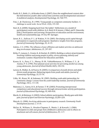 49 
Fauth, 
R. 
C., 
Roth, 
J. 
L., 
& 
Brooks-­‐Gunn, 
J. 
(2007). 
Does 
the 
neighborhood 
context 
alter 
the 
link 
between 
youth’s 
after-­‐school 
time 
activities 
and 
developmental 
outcomes? 
A 
multilevel 
analysis. 
Developmental 
Psychology, 
43, 
760-­‐777. 
Finn, J., & Checkoway, B. (1998). Young people as competent community builders: A 
challenge to social work. Social Work, 43(4), 335-345. 
Hart, 
R. 
A. 
(2008). 
Stepping 
back 
from 
‘the 
ladder’: 
Reflections 
on 
a 
model 
of 
participatory 
work 
with 
children. 
In 
A. 
Reid, 
B. 
B. 
Jensen, 
J. 
Nikel, 
and 
V. 
Simovska 
(Eds.), 
Participation 
and 
Learning: 
Perspectives 
on 
education 
and 
the 
environment, 
health 
and 
sustainability 
(pp. 
19-­‐31). 
NY: 
Springer. 
Jarrett, R. L., Sullivan, P. J., & Watkins, N. D. (2005). Developing social capital through 
participation in organized youth programs: Qualitative insights from three programs. 
Journal 
of 
Community 
Psychology, 
33, 41-55. 
Jenkins, J. E. (1996). The influence of peer affiliation and student activities on adolescent 
drug involvement. Adolescence, 
31, 297-307. 
Kirby, 
P., 
Lanyon, 
C., 
Cronin, 
K., 
& 
Sinclair, 
R. 
(2003). 
Building 
a 
culture 
of 
participation: 
Involving 
children 
and 
young 
people 
in 
policy, 
service 
planning, 
delivery 
and 
evaluation. 
London: 
Department 
for 
Education 
and 
Skills. 
Komro, K. A., Perry, C. L., Murray, D. M., VeblenMortenson, S., Williams, C. L., & 
Anstine, P. S. (1996). Peer-planned social activities for preventing alcohol use among 
young adolescents. Journal 
of 
School 
Health, 
66(9), 328-334. 
Larson, 
R., 
Walker, 
K., 
& 
Pearce, 
N. 
(2005). 
A 
comparison 
of 
youth-­‐driven 
and 
adult-­‐ 
driven 
youth 
programs: 
Balancing 
inputs 
from 
youth 
and 
adults. 
Journal 
of 
Community 
Psychology, 
33, 
57-­‐74. 
Libby, M., Rosen, M., & Sedonaen, M. (2005). Building youth-adult partnerships for 
community change: Lessons from the youth leadership institute. Journal 
of 
Community 
Psychology, 
33(1), 111-120. 
Mahoney, 
J. 
L., 
Cairns, 
B. 
D., 
& 
Farmer, 
T. 
W. 
(2003). 
Promoting 
interpersonal 
competence 
and 
educational 
success 
through 
extracurricular 
activity 
participation. 
Journal 
of 
Educational 
Psychology, 
95, 
409-­‐418. 
Marsh, 
H., 
& 
Kleitman, 
S. 
(2003). 
School 
athletic 
participation: 
Mostly 
gain 
with 
little 
pain. 
Journal 
of 
Sport 
and 
Exercise 
Psychology, 
25,205–229. 
Matysik, G. (2000). Involving adolescents in participatory research. 
Community 
Youth 
Development 
Journal, 
1, 15-19. 
McGee, R., Williams, S., Howden-Chapman, P., Martin, J., & Kawachi, I. (2006). 
Participation in clubs and groups from childhood to adolescence and its effects on 
attachment and self-esteem. 
Journal 
of 
Adolescence, 
29, 1-17. 
 