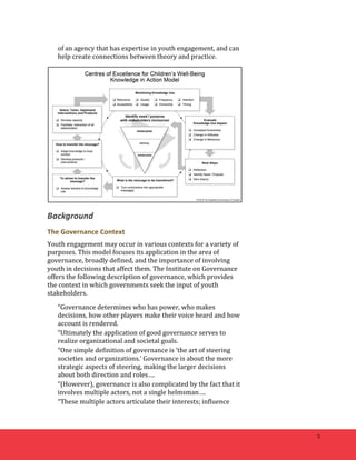5 
of 
an 
agency 
that 
has 
expertise 
in 
youth 
engagement, 
and 
can 
help 
create 
connections 
between 
theory 
and 
practice. 
Background 
The 
Governance 
Context 
Youth 
engagement 
may 
occur 
in 
various 
contexts 
for 
a 
variety 
of 
purposes. 
This 
model 
focuses 
its 
application 
in 
the 
area 
of 
governance, 
broadly 
defined, 
and 
the 
importance 
of 
involving 
youth 
in 
decisions 
that 
affect 
them. 
The 
Institute 
on 
Governance 
offers 
the 
following 
description 
of 
governance, 
which 
provides 
the 
context 
in 
which 
governments 
seek 
the 
input 
of 
youth 
stakeholders. 
“Governance 
determines 
who 
has 
power, 
who 
makes 
decisions, 
how 
other 
players 
make 
their 
voice 
heard 
and 
how 
account 
is 
rendered. 
“Ultimately 
the 
application 
of 
good 
governance 
serves 
to 
realize 
organizational 
and 
societal 
goals. 
“One 
simple 
definition 
of 
governance 
is 
‘the 
art 
of 
steering 
societies 
and 
organizations.’ 
Governance 
is 
about 
the 
more 
strategic 
aspects 
of 
steering, 
making 
the 
larger 
decisions 
about 
both 
direction 
and 
roles…. 
“(However), 
governance 
is 
also 
complicated 
by 
the 
fact 
that 
it 
involves 
multiple 
actors, 
not 
a 
single 
helmsman…. 
“These 
multiple 
actors 
articulate 
their 
interests; 
influence 
 
