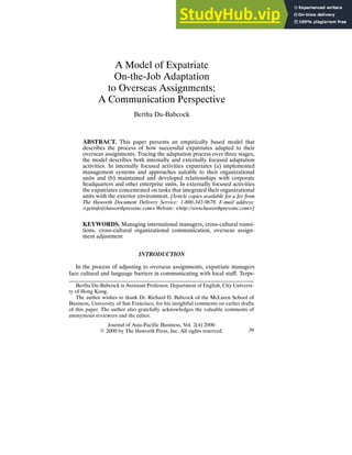 A Model Of Expatriate On-The-Job Adaptation To Overseas Assignments A ...