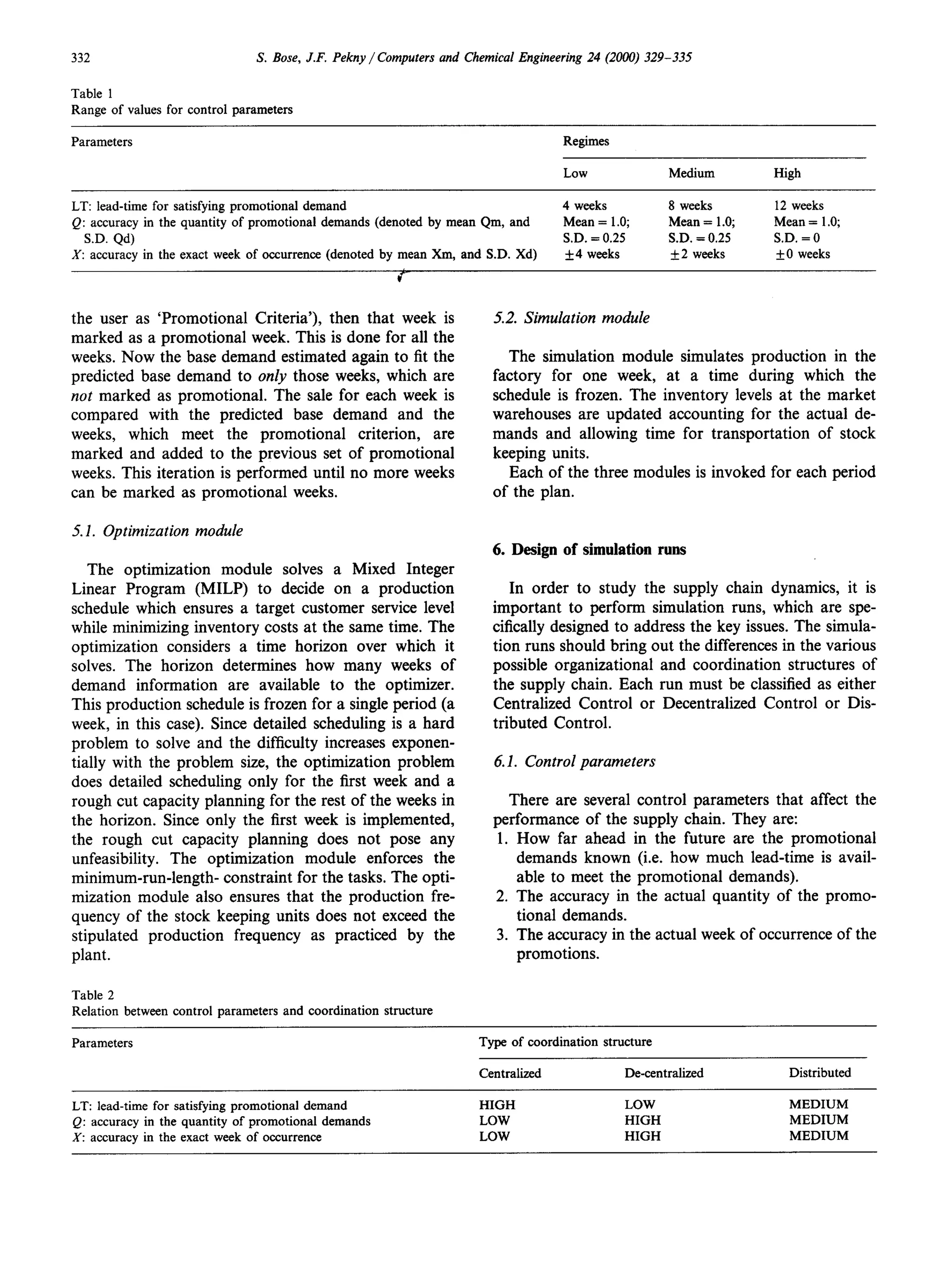 332                             S. Bose, J.F. Pekny /Computers   and Chemical Engineering 24 (2000) 329-335


Table 1
Range of values for control parameters

Parameters                                                                            Regimes

                                                                                      Low               Medium        High

LT: lead-time for satisfying promotional demand                                       4 weeks           8 weeks       12 weeks
Q: accuracy in the quantity of promotional demands (denoted by mean Qm, and           Mean = 1.0;       Mean = 1.O;   Mean = 1.O;
  S.D. Qd)                                                                            S.D. = 0.25       S.D. = 0.25   SD. = 0
X: accuracy in the exact week of occurrence (denoted by mean Xm, and S.D. Xd)         +4 weeks          +2 weeks      *O weeks




the user as ‘Promotional Criteria’), then that week is                    5.2. Simulation module
marked as a promotional week. This is done for all the
weeks. Now the base demand estimated again to fit the                        The simulation module simulates production in the
predicted base demand to on& those weeks, which are                       factory for one week, at a time during which the
not marked as promotional. The sale for each week is                      schedule is frozen. The inventory levels at the market
compared with the predicted base demand and the                           warehouses are updated accounting for the actual de-
weeks, which meet the promotional         criterion, are                  mands and allowing time for transportation of stock
marked and added to the previous set of promotional                       keeping units.
weeks. This iteration is performed until no more weeks                       Each of the three modules is invoked for each period
can be marked as promotional weeks.                                       of the plan.

5.1. Optimization module
                                                                          6. Design of simulation runs
   The optimization module solves a Mixed Integer
Linear Program (MILP) to decide on a production                              In order to study the supply chain dynamics, it is
schedule which ensures a target customer service level                    important to perform simulation runs, which are spe-
while minimizing inventory costs at the same time. The                    cifically designed to address the key issues. The simula-
optimization considers a time horizon over which it                       tion runs should bring out the differences in the various
solves. The horizon determines how many weeks of                          possible organizational and coordination structures of
demand information are available to the optimizer.                        the supply chain. Each run must be classified as either
This production schedule is frozen for a single period (a                 Centralized Control or Decentralized Control or Dis-
week, in this case). Since detailed scheduling is a hard                  tributed Control.
problem to solve and the difficulty increases exponen-
tially with the problem size, the optimization problem                    6.1. Control parameters
does detailed scheduling only for the first week and a
rough cut capacity planning for the rest of the weeks in                     There are several control parameters that affect the
the horizon. Since only the first week is implemented,                    performance of the supply chain. They are:
the rough cut capacity planning does not pose any                          1. How far ahead in the future are the promotional
unfeasibility. The optimization module enforces the                           demands known (i.e. how much lead-time is avail-
minimum-run-length- constraint for the tasks. The opti-                       able to meet the promotional demands).
mization module also ensures that the production fre-                     2. The accuracy in the actual quantity of the promo-
quency of the stock keeping units does not exceed the                         tional demands.
stipulated production frequency as practiced by the                       3. The accuracy in the actual week of occurrence of the
plant.                                                                        promotions.

Table 2
Relation between control parameters and coordination structure

Parameters                                                             Type of coordination structure

                                                                       Centralized              De-centralized          Distributed

LT: lead-time for satisfying promotional demand                        HIGH                     LOW                     MEDIUM
Q: accuracy in the quantity of promotional demands                     LOW                      HIGH                    MEDIUM
X: accuracy in the exact week of occurrence                            LOW                      HIGH                    MEDIUM
 