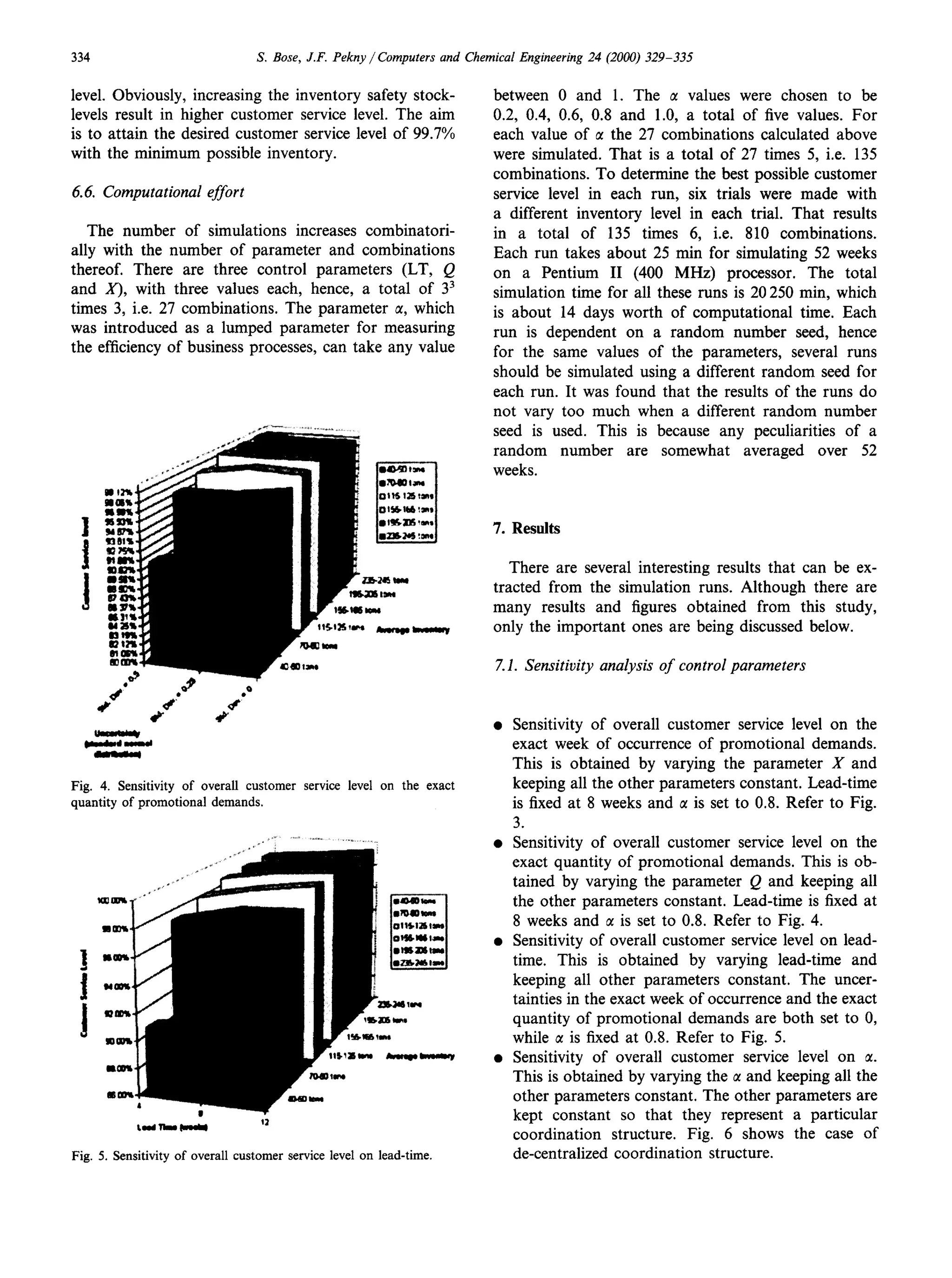 334                               S. Bose, J.F. Pekny /Computers      and Chemical Engineering 24 (2000) 329-335


level. Obviously, increasing the inventory safety stock-                       between 0 and 1. The u values were chosen to be
levels result in higher customer service level. The aim                        0.2, 0.4, 0.6, 0.8 and 1.0, a total of five values. For
is to attain the desired customer service level of 99.7%                       each value of c1 the 27 combinations calculated above
with the minimum possible inventory.                                           were simulated. That is a total of 27 times 5, i.e. 135
                                                                               combinations. To determine the best possible customer
6.6. Computational effort                                                      service level in each run, six trials were made with
                                                                               a different inventory level in each trial. That results
   The number of simulations increases combinatori-                            in a total of 135 times 6, i.e. 810 combinations.
ally with the number of parameter and combinations                             Each run takes about 25 min for simulating 52 weeks
thereof. There are three control parameters (LT, Q                             on a Pentium II (400 MHz) processor. The total
and x), with three values each, hence, a total of 33                           simulation time for all these runs is 20 250 min, which
times 3, i.e. 27 combinations. The parameter CI,which                          is about 14 days worth of computational time. Each
was introduced as a lumped parameter for measuring                             run is dependent on a random number seed, hence
the efficiency of business processes, can take any value                       for the same values of the parameters, several runs
                                                                               should be simulated using a different random seed for
                                                                               each run. It was found that the results of the runs do
                                                                               not vary too much when a different random number
                                                                               seed is used. This is because any peculiarities of a
                                                                               random number are somewhat averaged over 52
                                                                               weeks.


                                                                               7. Results

                                                                                  There are several interesting results that can be ex-
                                                                               tracted from the simulation runs. Although there are
                                                                               many results and figures obtained from this study,
                                                                               only the important ones are being discussed below.

                                                                               7.1. Sensitivity analysis of control parameters


                                                                                  Sensitivity of overall customer service level on the
                                                                                  exact week of occurrence of promotional demands.
                                                                                  This is obtained by varying the parameter X and
Fig. 4. Sensitivity of overall customer service level on the exact                keeping all the other parameters constant. Lead-time
quantity of promotional demands.                                                  is fixed at 8 weeks and CIis set to 0.8. Refer to Fig.
                                                                                  3.
                                                                                  Sensitivity of overall customer service level on the
                                                                                  exact quantity of promotional demands. This is ob-
                                                                                  tained by varying the parameter Q and keeping all
                                                                                  the other parameters constant. Lead-time is fixed at
                                                                                  8 weeks and a is set to 0.8. Refer to Fig. 4.
                                                                                  Sensitivity of overall customer service level on lead-
                                                                                  time. This is obtained by varying lead-time and
                                                                                  keeping all other parameters constant. The uncer-
                                                                                  tainties in the exact week of occurrence and the exact
                                                                                  quantity of promotional demands are both set to 0,
                                                                                  while CIis fixed at 0.8. Refer to Fig. 5.
                                                                                  Sensitivity of overall customer service level on tl.
                                                                                  This is obtained by varying the tl and keeping all the
                                                                                  other parameters constant. The other parameters are
                                   I3
                                                                                  kept constant so that they represent a particular
            1rlhW
                                                                                  coordination structure. Fig. 6 shows the case of
Fig. 5. Sensitivity of overall customer service level on lead-time.               de-centralized coordination structure.
 