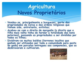 Agricultura
Novos Proprietários
Vendeu-se, principalmente a burgueses, parte das
propriedades da Coroa e das ordens religiosas que
tinham sido, entretanto, extintas;
Acabou-se com o direito de morgadio (o direito que o
filho mais velho tinha de herdar a totalidade dos bens
paternos), passando as propriedades a ser divididas por
todos os filhos;
Dividiram-se muitos baldios (terrenos incultos que
podiam ser utilizados por toda a comunidade para pasto
do gado) em parcelas entregues aos camponeses, que os
desbravaram e cultivaram.

 