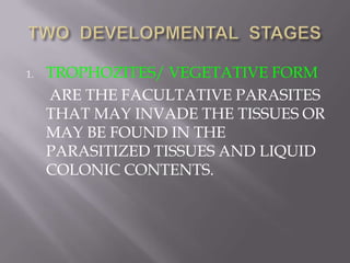1.   TROPHOZITES/ VEGETATIVE FORM
     ARE THE FACULTATIVE PARASITES
     THAT MAY INVADE THE TISSUES OR
     MAY BE FOUND IN THE
     PARASITIZED TISSUES AND LIQUID
     COLONIC CONTENTS.
 
