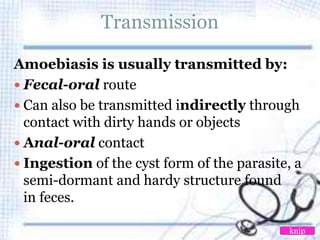 Transmission
Amoebiasis is usually transmitted by:
 Fecal-oral route
 Can also be transmitted indirectly through
contact with dirty hands or objects
 Anal-oral contact
 Ingestion of the cyst form of the parasite, a
semi-dormant and hardy structure found
in feces.
knip
 