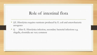Role of intestinal flora
• i)E. Histolytica requires nutrients produced by E. coli and enterobacteria
aerogenes
• ii) After E. Histolytica infection, secondary bacterial infections e.g.
shigella, clostridia are very common
 