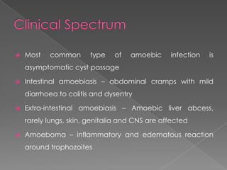 

Most

common

type

of

amoebic

infection

is

asymptomatic cyst passage


Intestinal amoebiasis – abdominal cramps with mild
diarrhoea to colitis and dysentry



Extra-intestinal amoebiasis – Amoebic liver abcess,
rarely lungs, skin, genitalia and CNS are affected



Amoeboma – inflammatory and edematous reaction
around trophozoites

 