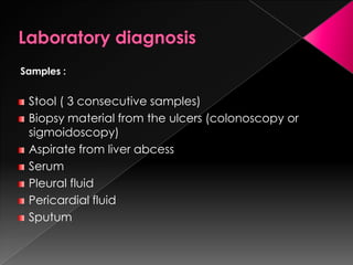 Samples :

Stool ( 3 consecutive samples)
Biopsy material from the ulcers (colonoscopy or
sigmoidoscopy)
Aspirate from liver abcess
Serum
Pleural fluid
Pericardial fluid
Sputum

 
