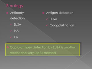 

Antibody



Antigen detection

detection



ELISA



ELISA



Coagglutination



IHA



IFA

 Copro-antigen detection by ELISA is another
recent and very useful method

 