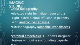 IMAGING
STUDIES
Chest radiography : -
•elevated right hemidiaphragm and a
right-sided pleural effusion in patients
with amebic liver abscess.
•Ultrasonography (amoebic liver abscess
)
•cerebral amoebiasis, CT shows irregular
lesions without a surrounding capsule
 
