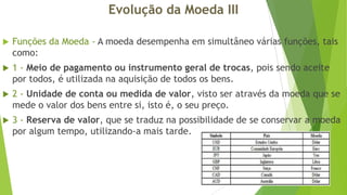 Evolução da Moeda III


Funções da Moeda - A moeda desempenha em simultâneo várias funções, tais
como:



1 - Meio de pagamento ou instrumento geral de trocas, pois sendo aceite
por todos, é utilizada na aquisição de todos os bens.



2 - Unidade de conta ou medida de valor, visto ser através da moeda que se
mede o valor dos bens entre si, isto é, o seu preço.



3 - Reserva de valor, que se traduz na possibilidade de se conservar a moeda
por algum tempo, utilizando-a mais tarde.

 