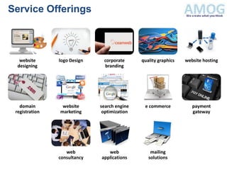 Service Offerings



   website      logo Design    corporate      quality graphics   website hosting
  designing                    branding




   domain        website      search engine    e commerce           payment
 registration   marketing      optimization                         gateway




                   web           web              mailing
                consultancy   applications       solutions
 