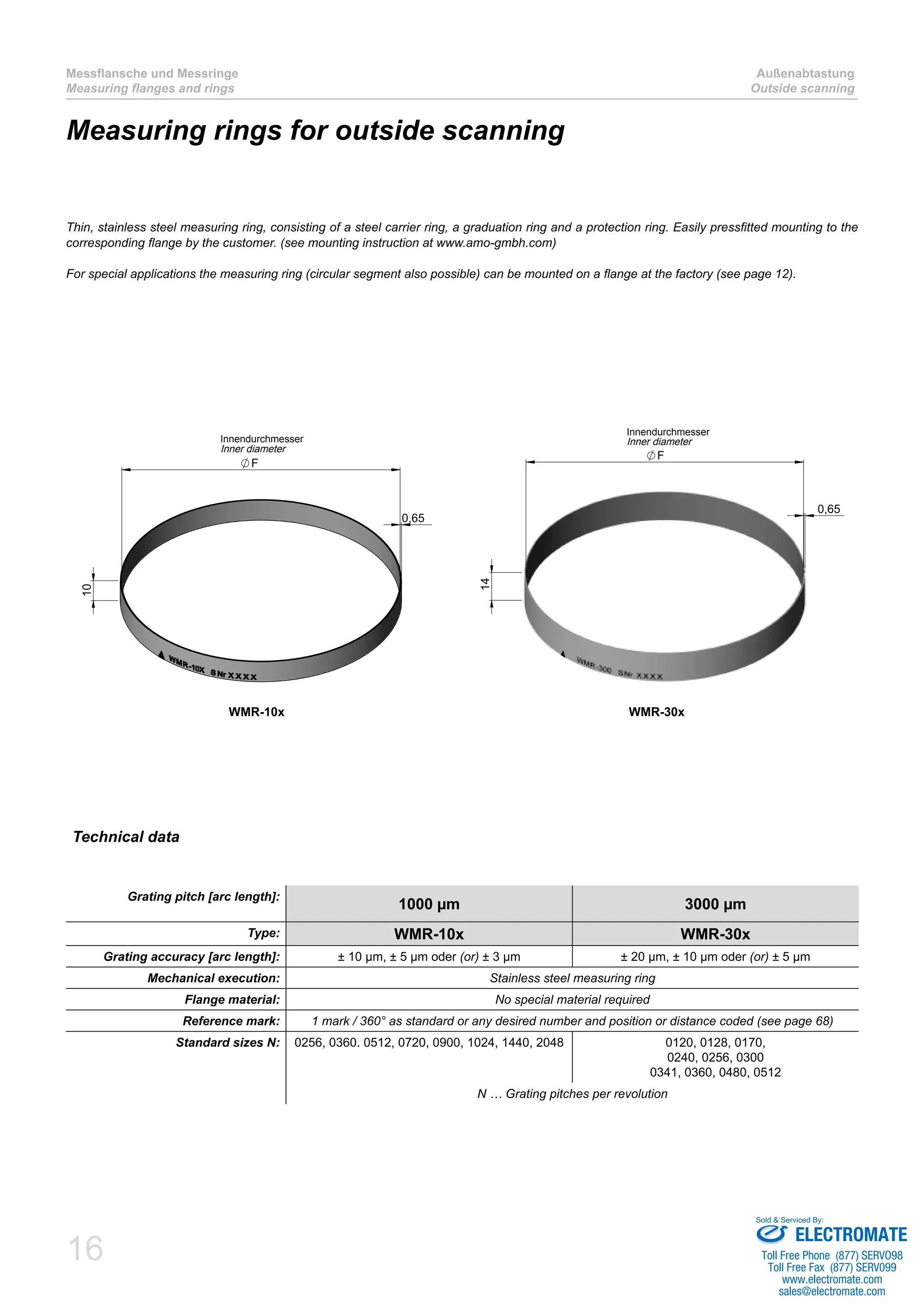 Messflansche und Messringe 
Measuring flanges and rings 
Thin, stainless steel measuring ring, consisting of a steel carrier ring, a graduation ring and a protection ring. Easily pressfitted mounting to the 
corresponding flange by the customer. (see mounting instruction at www.amo-gmbh.com) 
For special applications the measuring ring (circular segment also possible) can be mounted on a flange at the factory (see page 12). 
16 
Außenabtastung 
Outside scanning 
Measuring rings for outside scanning 
Technical data 
Innendurchmesser 
Inner diameter 
Innendurchmesser 
Inner diameter 
WMR-10x WMR-30x 
Grating pitch [arc length]: 1000 μm 3000 μm 
Type: WMR-10x WMR-30x 
Grating accuracy [arc length]: ± 10 μm, ± 5 μm oder (or) ± 3 μm ± 20 μm, ± 10 μm oder (or) ± 5 μm 
Mechanical execution: Stainless steel measuring ring 
Flange material: No special material required 
Reference mark: 1 mark / 360° as standard or any desired number and position or distance coded (see page 68) 
Standard sizes N: 0256, 0360. 0512, 0720, 0900, 1024, 1440, 2048 0120, 0128, 0170, 
0240, 0256, 0300 
0341, 0360, 0480, 0512 
N … Grating pitches per revolution 
10 
0,65 
F 
14 
0,65 
F 
Sold & Serviced By: 
ELECTROMATE 
Toll Free Phone (877) SERVO98 
Toll Free Fax (877) SERV099 
www.electromate.com 
sales@electromate.com 
 