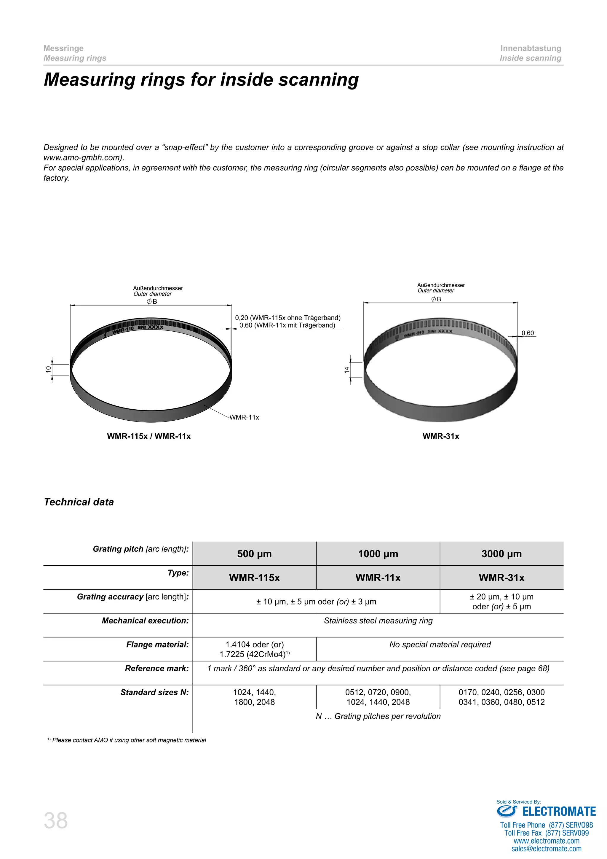 Messringe 
Measuring rings 
38 
Innenabtastung 
Inside scanning 
Measuring rings for inside scanning 
Designed to be mounted over a “snap-effect” by the customer into a corresponding groove or against a stop collar (see mounting instruction at 
www.amo-gmbh.com). 
For special applications, in agreement with the customer, the measuring ring (circular segments also possible) can be mounted on a flange at the 
factory. 
0,20 (WMR-115x ohne Trägerband) 
Grating pitch [arc length]: 500 μm 1000 μm 3000 μm 
Type: WMR-115x WMR-11x WMR-31x 
Grating accuracy [arc length]: ± 10 μm, ± 5 μm oder (or) ± 3 μm ± 20 μm, ± 10 μm 
oder (or) ± 5 μm 
Mechanical execution: Stainless steel measuring ring 
Flange material: 1.4104 oder (or) 
1.7225 (42CrMo4)1) 
No special material required 
Reference mark: 1 mark / 360° as standard or any desired number and position or distance coded (see page 68) 
Standard sizes N: 1024, 1440, 
1800, 2048 
0512, 0720, 0900, 
1024, 1440, 2048 
0170, 0240, 0256, 0300 
0341, 0360, 0480, 0512 
N … Grating pitches per revolution 
1) Please contact AMO if using other soft magnetic material 
B 
14 
0,60 
Außendurchmesser 
Outer diameter 
B 
10 
0,60 (WMR-11x mit Trägerband) 
WMR-11x 
Außendurchmesser 
Outer diameter 
WMR-115x / WMR-11x WMR-31x 
Technical data 
Sold & Serviced By: 
ELECTROMATE 
Toll Free Phone (877) SERVO98 
Toll Free Fax (877) SERV099 
www.electromate.com 
sales@electromate.com 
 