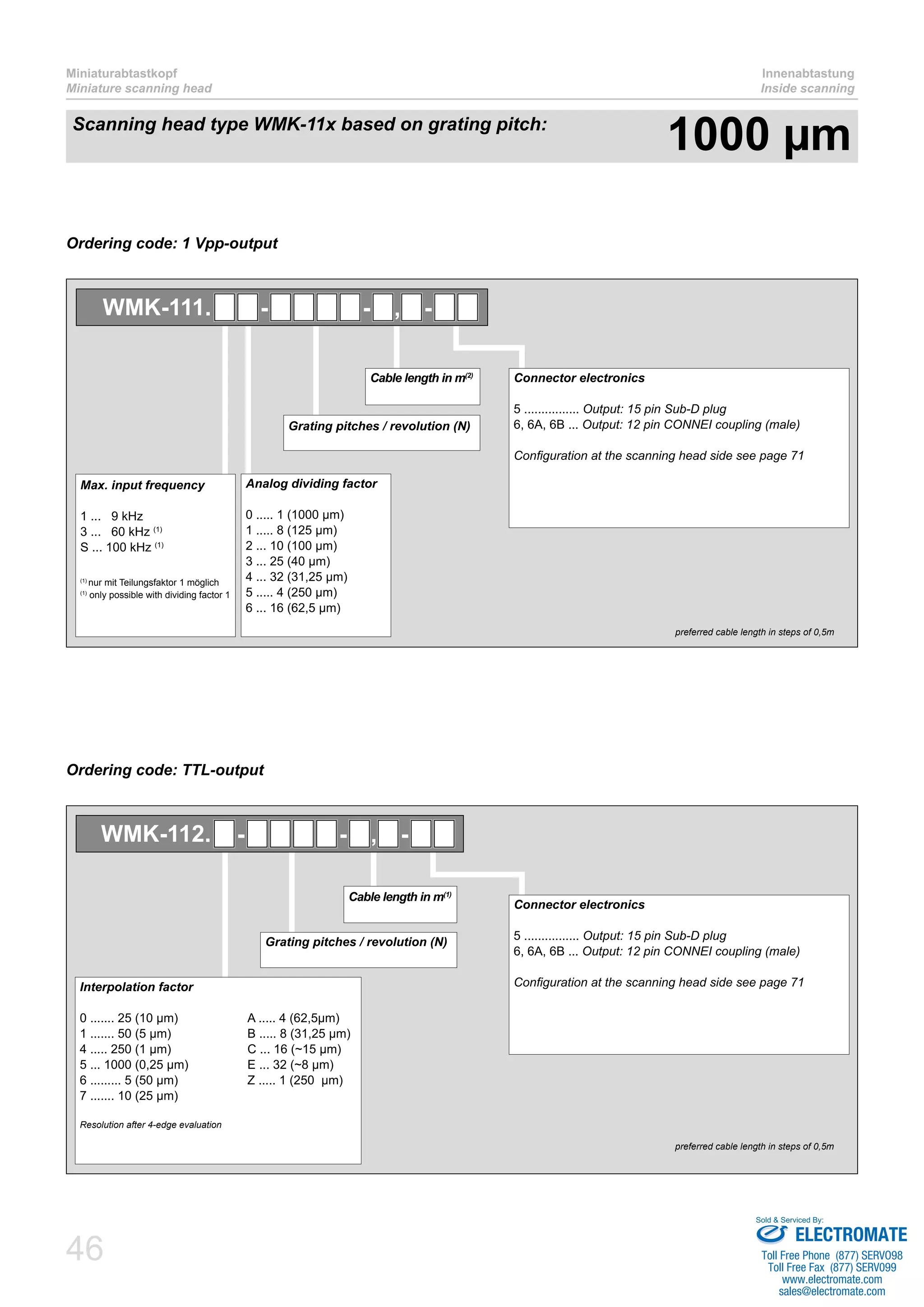 Miniaturabtastkopf 
Miniature scanning head 
WMK-111. - - , - 
WMK-112. - - , - 
46 
Innenabtastung 
Inside scanning 
Scanning head type WMK-11x based on grating pitch: 1000 μm 
Ordering code: 1 Vpp-output 
Ordering code: TTL-output 
Connector electronics 
5 ................ Output: 15 pin Sub-D plug 
6, 6A, 6B ... Output: 12 pin CONNEI coupling (male) 
Configuration at the scanning head side see page 71 
Cable length in m(2) 
Grating pitches / revolution (N) 
Analog dividing factor 
0 ..... 1 (1000 μm) 
1 ..... 8 (125 μm) 
2 ... 10 (100 μm) 
3 ... 25 (40 μm) 
4 ... 32 (31,25 μm) 
5 ..... 4 (250 μm) 
6 ... 16 (62,5 μm) 
Max. input frequency 
1 ... 9 kHz 
3 ... 60 kHz (1) 
S ... 100 kHz (1) 
(1) nur mit Teilungsfaktor 1 möglich 
(1) only possible with dividing factor 1 
preferred cable length in steps of 0,5m 
Interpolation factor 
0 ....... 25 (10 μm) A ..... 4 (62,5μm) 
1 ....... 50 (5 μm) B ..... 8 (31,25 μm) 
4 ..... 250 (1 μm) C ... 16 (~15 μm) 
5 ... 1000 (0,25 μm) E ... 32 (~8 μm) 
6 ......... 5 (50 μm) Z ..... 1 (250 μm) 
7 ....... 10 (25 μm) 
Resolution after 4-edge evaluation 
Connector electronics 
5 ................ Output: 15 pin Sub-D plug 
6, 6A, 6B ... Output: 12 pin CONNEI coupling (male) 
Configuration at the scanning head side see page 71 
Cable length in m(1) 
Grating pitches / revolution (N) 
preferred cable length in steps of 0,5m 
Sold & Serviced By: 
ELECTROMATE 
Toll Free Phone (877) SERVO98 
Toll Free Fax (877) SERV099 
www.electromate.com 
sales@electromate.com 
 