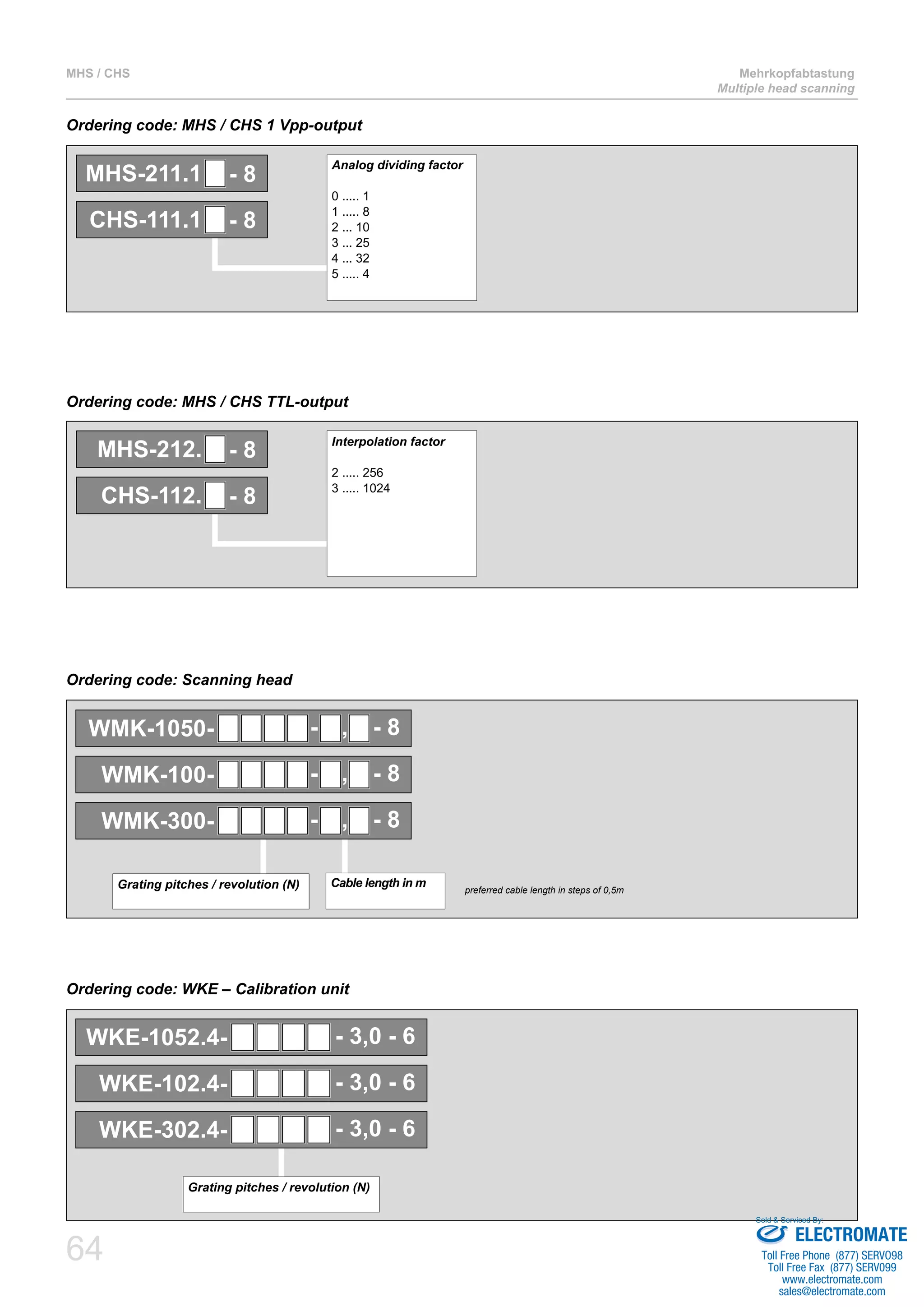 MHS / CHS Mehrkopfabtastung 
Ordering code: MHS / CHS 1 Vpp-output 
Analog dividing factor 
0 ..... 1 
1 ..... 8 
2 ... 10 
3 ... 25 
4 ... 32 
5 ..... 4 
MHS-211.1 - 8 
CHS-111.1 - 8 
Ordering code: MHS / CHS TTL-output 
MHS-212. - 8 
CHS-112. - 8 
WMK-1050- - , - 8 
WMK-100- - , - 8 
WMK-300- - , - 8 
64 
Multiple head scanning 
Ordering code: Scanning head 
Interpolation factor 
2 ..... 256 
3 ..... 1024 
Grating pitches / revolution (N) Cable length in m preferred cable length in steps of 0,5m 
Ordering code: WKE – Calibration unit 
WKE-1052.4- - 3,0 - 6 
WKE-102.4- - 3,0 - 6 
WKE-302.4- - 3,0 - 6 
Grating pitches / revolution (N) 
Sold & Serviced By: 
ELECTROMATE 
Toll Free Phone (877) SERVO98 
Toll Free Fax (877) SERV099 
www.electromate.com 
sales@electromate.com 
 