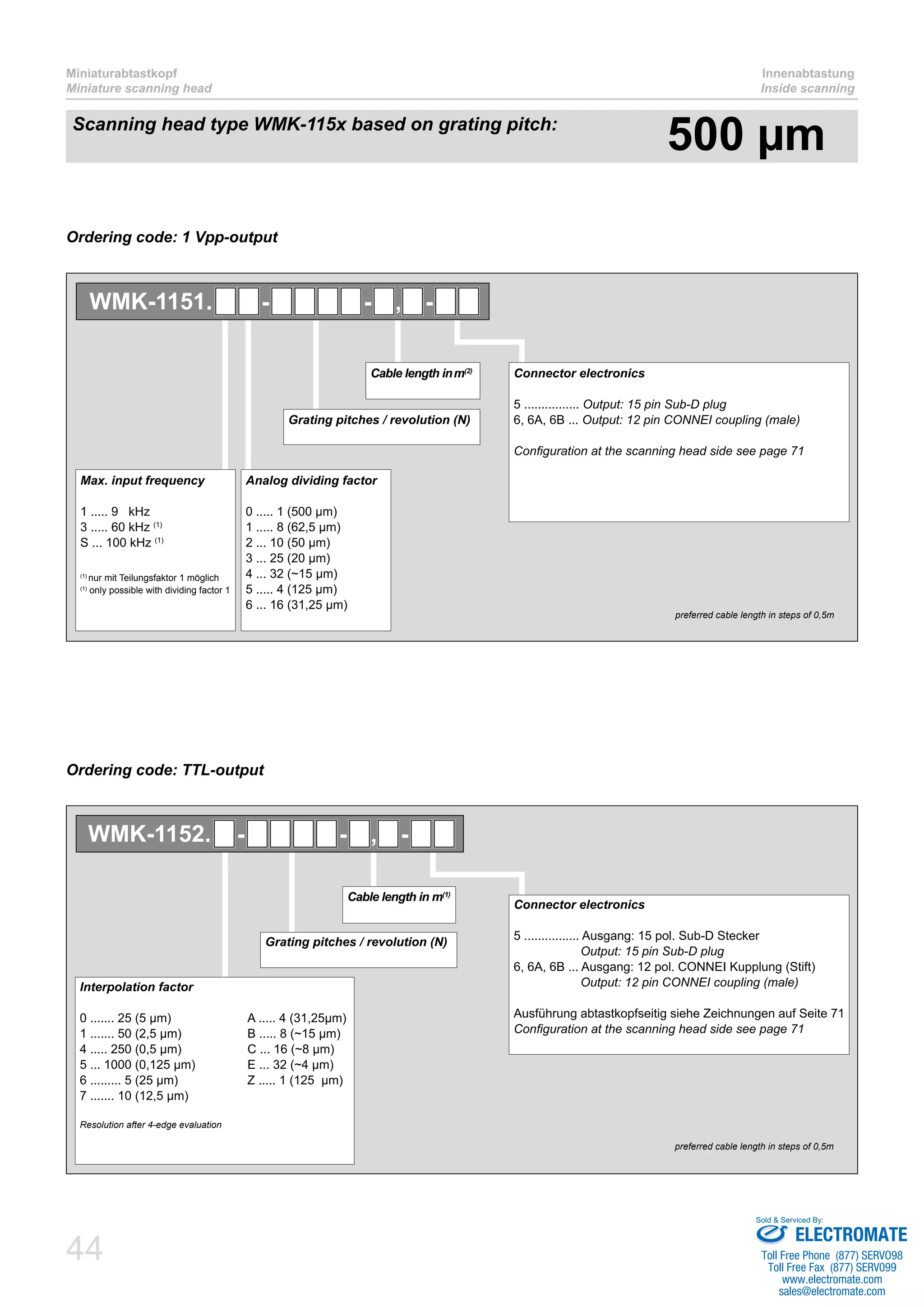 44
Miniaturabtastkopf
Miniature scanning head
Innenabtastung
Inside scanning
Scanning head type WMK-115x based on grating pitch:
500 µm
Ordering code: 1 Vpp-output
Ordering code: TTL-output
Connector electronics
5 ................ Output: 15 pin Sub-D plug
6, 6A, 6B ... Output: 12 pin CONNEI coupling (male)
Configuration at the scanning head side see page 71
Cable length inm(2)
Grating pitches / revolution (N)
Analog dividing factor
0 ..... 1 (500 µm)
1 ..... 8 (62,5 µm)
2 ... 10 (50 µm)
3 ... 25 (20 µm)
4 ... 32 (~15 µm)
5 ..... 4 (125 µm)
6 ... 16 (31,25 µm)
Max. input frequency
1 ..... 9 kHz
3 ..... 60 kHz (1)
S ... 100 kHz (1)
(1)
nur mit Teilungsfaktor 1 möglich
(1)
only possible with dividing factor 1
WMK-1151. - - , -
preferred cable length in steps of 0,5m
Interpolation factor
0 ....... 25 (5 µm)		 A ..... 4 (31,25µm)
1 ....... 50 (2,5 µm)		 B ..... 8 (~15 µm)
4 ..... 250 (0,5 µm)		 C ... 16 (~8 µm)
5 ... 1000 (0,125 µm)	 E ... 32 (~4 µm)
6 ......... 5 (25 µm)		 Z ..... 1 (125 µm)
7 ....... 10 (12,5 µm)
Resolution after 4-edge evaluation
Connector electronics
5 ................ Ausgang: 15 pol. Sub-D Stecker
	 Output: 15 pin Sub-D plug
6, 6A, 6B ... Ausgang: 12 pol. CONNEI Kupplung (Stift)
	 Output: 12 pin CONNEI coupling (male)
Ausführung abtastkopfseitig siehe Zeichnungen auf Seite 71
Configuration at the scanning head side see page 71
Cable length in m(1)
Grating pitches / revolution (N)
WMK-1152. - - , -
preferred cable length in steps of 0,5m
ELECTROMATE
Toll Free Phone (877) SERVO98
Toll Free Fax (877) SERV099
www.electromate.com
sales@electromate.com
Sold & Serviced By:
 
