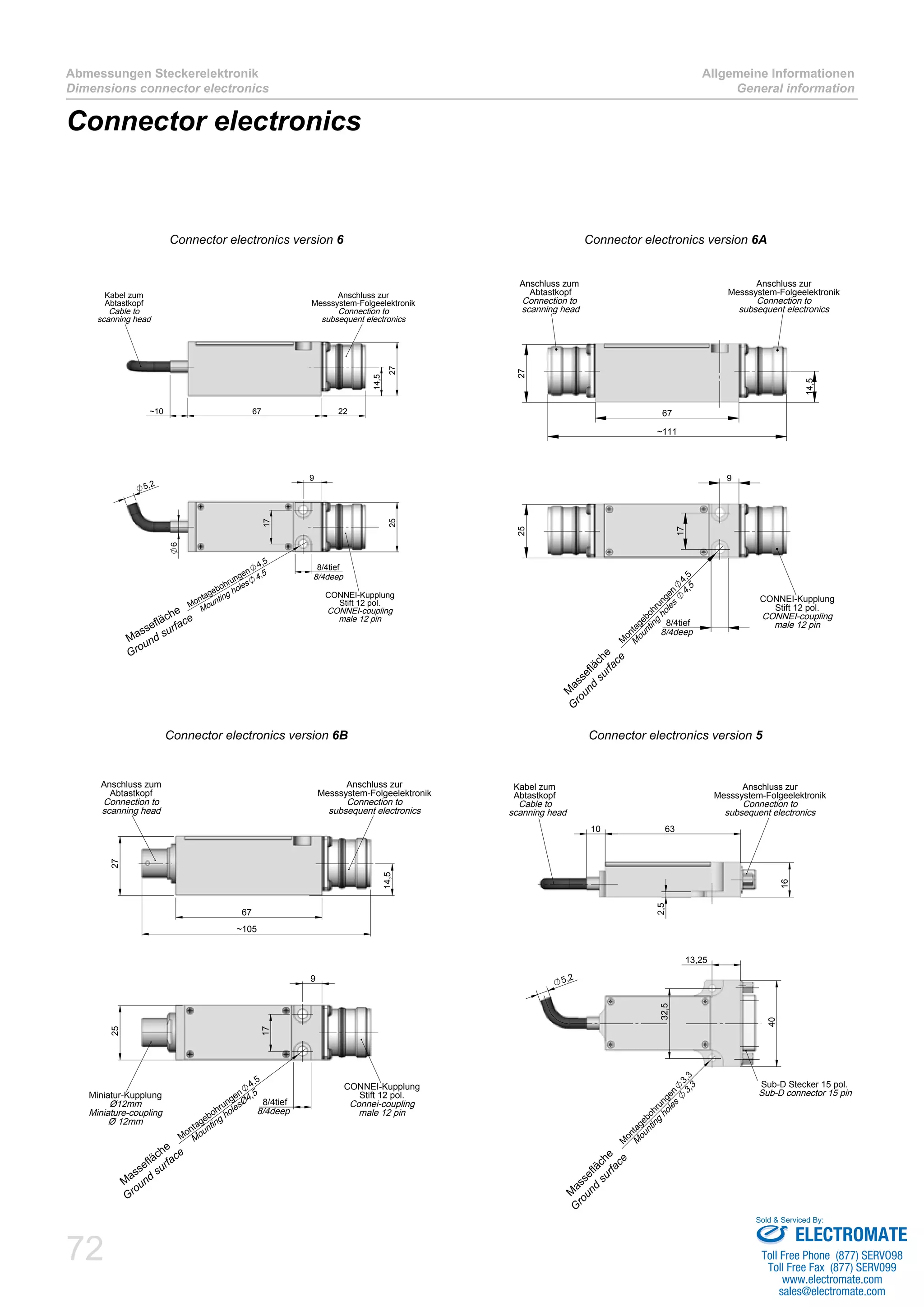 72
Abmessungen Steckerelektronik
Dimensions connector electronics
Allgemeine Informationen
General information
Connector electronics
67~10
27
22
14,5
Anschluss zur
Messsystem-Folgeelektronik
Connection to
subsequent electronics
Kabel zum
Abtastkopf
Cable to
scanning head
5,2
9
17
25
6
8/4tief
Montagebohrungen
4,5
CONNEI-Kupplung
Stift 12 pol.
CONNEI-coupling
male 12 pin
8/4deep
Mounting holes
4,5
14,5
67
~111
27
Anschluss zur
Messsystem-Folgeelektronik
Connection to
subsequent electronics
Anschluss zum
Abtastkopf
Connection to
scanning head
9
17
25
M
ontagebohrungen
4,5
8/4tief
CONNEI-Kupplung
Stift 12 pol.
CONNEI-coupling
male 12 pin
8/4deep
M
ounting
holes
4,5
67
~105
27
14,5
Anschluss zum
Abtastkopf
Connection to
scanning head
Anschluss zur
Messsystem-Folgeelektronik
Connection to
subsequent electronics
9
8/4tief
Montagebohrungen
4,5
17
25
Miniatur-Kupplung
Ø12mm
Miniature-coupling
Ø 12mm
CONNEI-Kupplung
Stift 12 pol.
Connei-coupling
male 12 pin8/4deep
Mounting holesØ4,5
10 63
16
2,5
Kabel zum
Abtastkopf
Cable to
scanning head
Anschluss zur
Messsystem-Folgeelektronik
Connection to
subsequent electronics
13,25
40
32,5
M
ontagebohrungen
3,3
5,2
Sub-D Stecker 15 pol.
Sub-D connector 15 pin
M
ounting
holes
3,3
Connector electronics version 6 Connector electronics version 6A
Connector electronics version 6B Connector electronics version 5
Massefläche
Ground surface
M
assefläche
G
round
surface
M
assefläche
G
round
surface
M
assefläche
Ground
surface
ELECTROMATE
Toll Free Phone (877) SERVO98
Toll Free Fax (877) SERV099
www.electromate.com
sales@electromate.com
Sold & Serviced By:
 