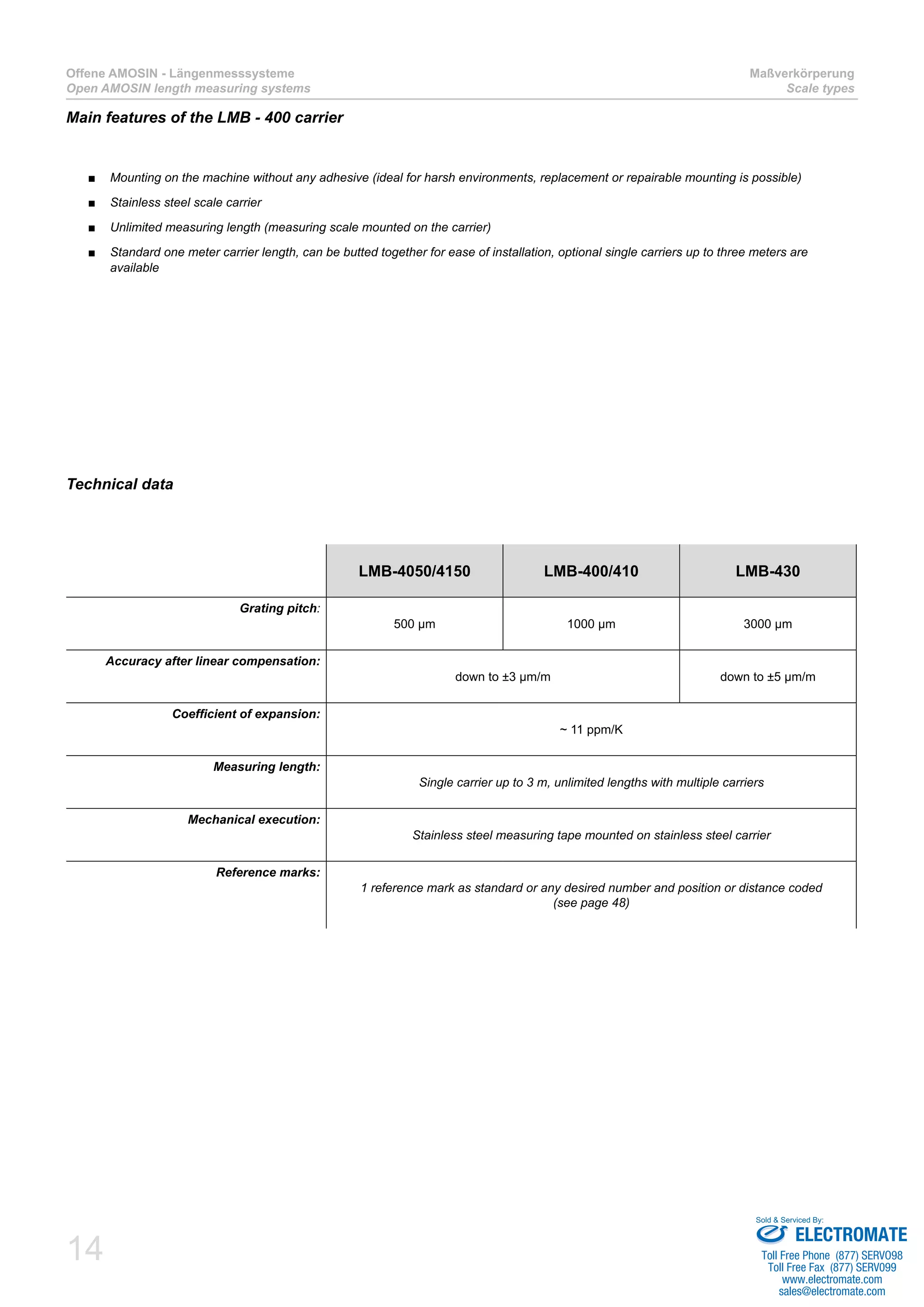 14
Offene AMOSIN - Längenmesssysteme
Open AMOSIN length measuring systems
Maßverkörperung
Scale types
LMB-4050/4150 LMB-400/410 LMB-430
Grating pitch:
500 µm 1000 µm 3000 µm
Accuracy after linear compensation:
down to ±3 µm/m down to ±5 µm/m
Coefficient of expansion:
~ 11 ppm/K
Measuring length:
Single carrier up to 3 m, unlimited lengths with multiple carriers
Mechanical execution:
Stainless steel measuring tape mounted on stainless steel carrier
Reference marks:
1 reference mark as standard or any desired number and position or distance coded
(see page 48)
Technical data
Mounting on the machine without any adhesive (ideal for harsh environments, replacement or repairable mounting is possible)■■
Stainless steel scale carrier■■
Unlimited measuring length (measuring scale mounted on the carrier)■■
Standard one meter carrier length, can be butted together for ease of installation, optional single carriers up to three meters are■■
available
Main features of the LMB - 400 carrier
ELECTROMATE
Toll Free Phone (877) SERVO98
Toll Free Fax (877) SERV099
www.electromate.com
sales@electromate.com
Sold & Serviced By:
 