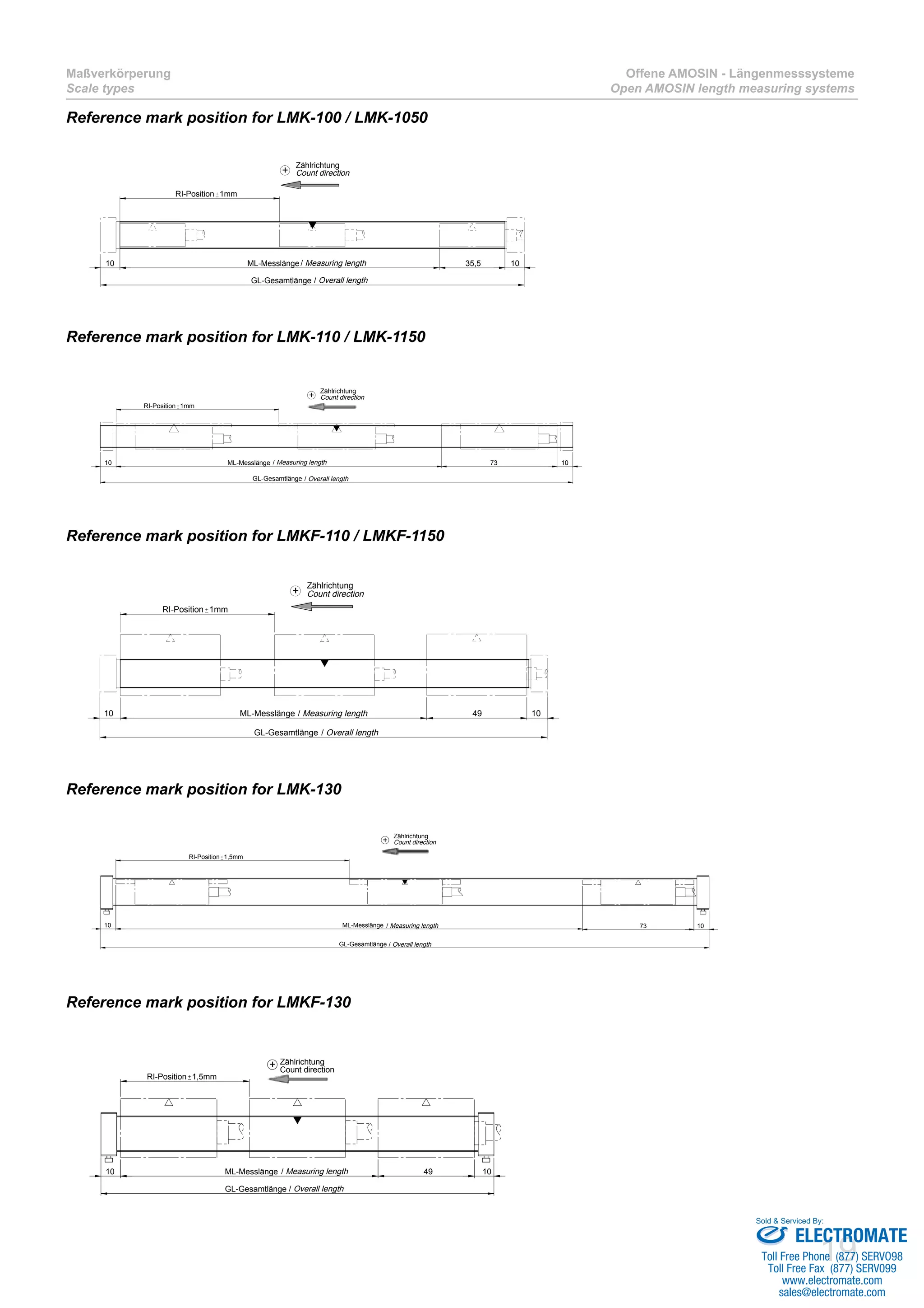 19
Maßverkörperung
Scale types
Offene AMOSIN - Längenmesssysteme
Open AMOSIN length measuring systems
Reference mark position for LMK-100 / LMK-1050
RI-Position 1mm
35,5ML-Messlänge
GL-Gesamtlänge
1010
+
Zählrichtung
Count direction
/ Measuring length
/ Overall length
Reference mark position for LMK-110 / LMK-1150
+
Zählrichtung
Count direction
73 1010 ML-Messlänge
GL-Gesamtlänge
RI-Position 1mm
/ Overall length
/ Measuring length
Reference mark position for LMKF-110 / LMKF-1150
49ML-Messlänge
RI-Position 1mm
1010
GL-Gesamtlänge
+
Zählrichtung
Count direction
/ Measuring length
/ Overall length
Reference mark position for LMK-130
+
Zählrichtung
Count direction
GL-Gesamtlänge
10 1073ML-Messlänge
RI-Position 1,5mm
/ Measuring length
/ Overall length
Reference mark position for LMKF-130
GL-Gesamtlänge
10 10
RI-Position 1,5mm
49ML-Messlänge
/ Overall length
/ Measuring length
+ Zählrichtung
Count direction
ELECTROMATE
Toll Free Phone (877) SERVO98
Toll Free Fax (877) SERV099
www.electromate.com
sales@electromate.com
Sold & Serviced By:
 