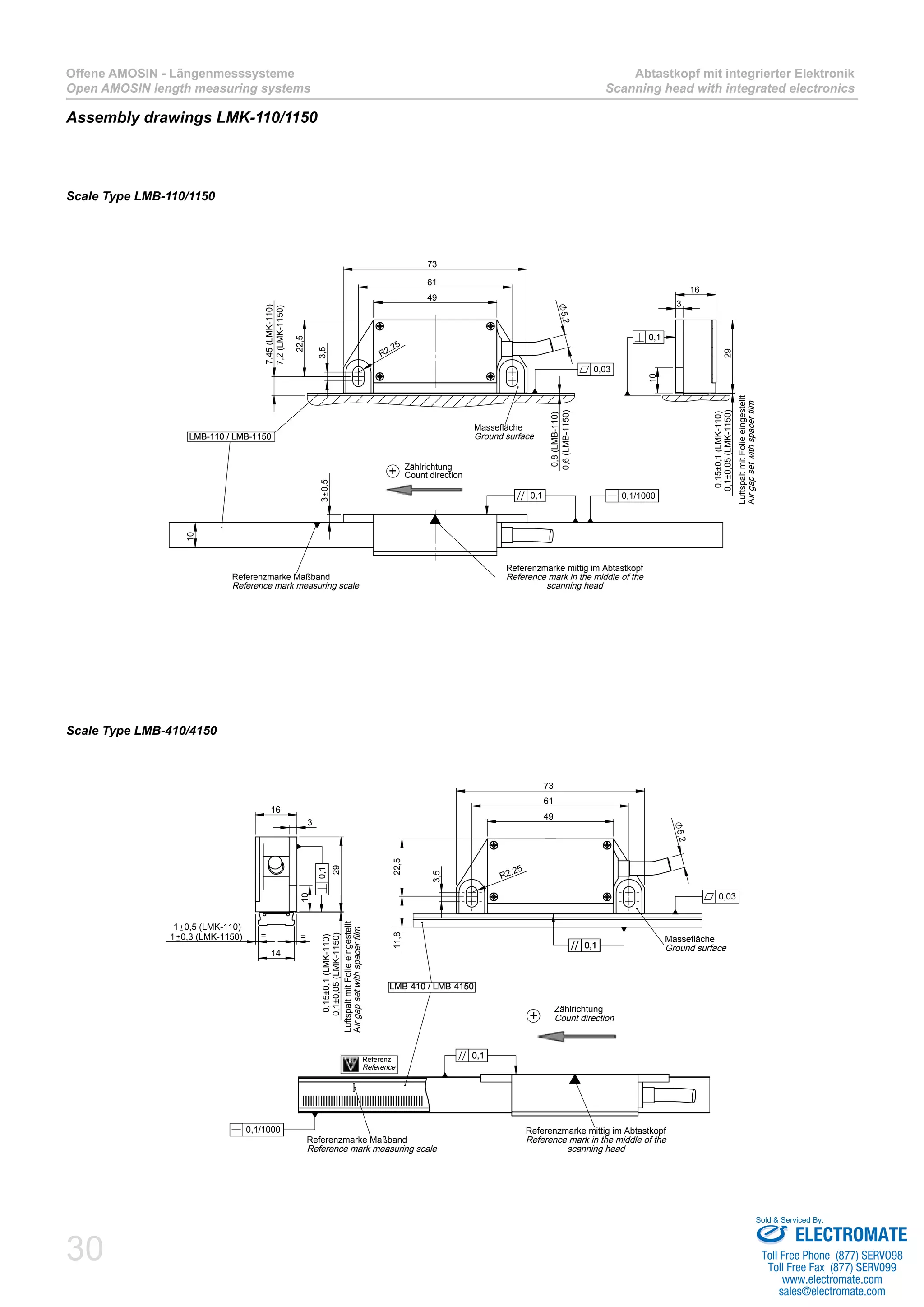 30
Offene AMOSIN - Längenmesssysteme
Open AMOSIN length measuring systems
Abtastkopf mit integrierter Elektronik
Scanning head with integrated electronics
Assembly drawings LMK-110/1150
49
61
73
R2,25
3,5
5,2
22,5
0,8(LMB-110)
7,45(LMK-110)
Massefläche
Ground surfaceLMB-110 / LMB-1150
0,03
10
29
3
16
0,1±0,05(LMK-1150)
0,15±0,1(LMK-110)
0,10,1
30,5
10
Referenzmarke Maßband
Reference mark measuring scale
LMB-110 / LMB-1150
Referenzmarke mittig im Abtastkopf
Reference mark in the middle of the
scanning head
0,10,1 0,1/1000
+ Zählrichtung
Count direction
LuftspaltmitFolieeingestellt
Airgapsetwithspacerfilm
0,6(LMB-1150)
7,2(LMK-1150)
49
61
73
R2,25
3,5
5,2
11,822,5
Massefläche
Ground surface
LMB-410 / LMB-4150
0,10,1
0,03
LMB-410 / LMB-4150
Referenzmarke Maßband
Reference mark measuring scale
Referenzmarke mittig im Abtastkopf
Reference mark in the middle of the
scanning head
0,10,1
0,1/1000
3
16
29
10
0,1±0,05(LMK-1150)
0,15±0,1(LMK-110)
14
1 0,3 (LMK-1150)
1 0,5 (LMK-110)
==
0,1
Referenz
Reference
+
Zählrichtung
Count direction
LuftspaltmitFolieeingestellt
Airgapsetwithspacerfilm
Scale Type LMB-110/1150
Scale Type LMB-410/4150
ELECTROMATE
Toll Free Phone (877) SERVO98
Toll Free Fax (877) SERV099
www.electromate.com
sales@electromate.com
Sold & Serviced By:
 
